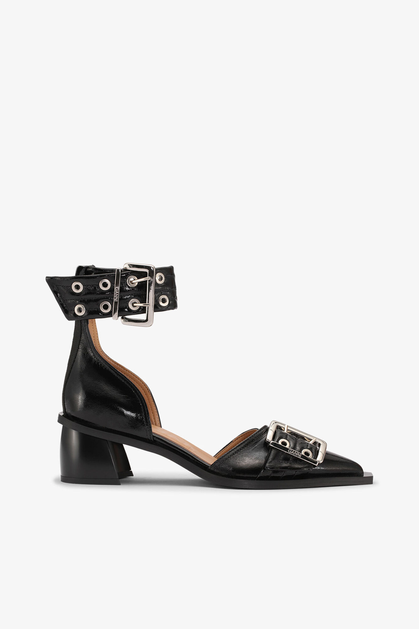 Black Chunky Buckle Open Cut Pumps, Recycled Polyester, in colour Black - 1 - GANNI