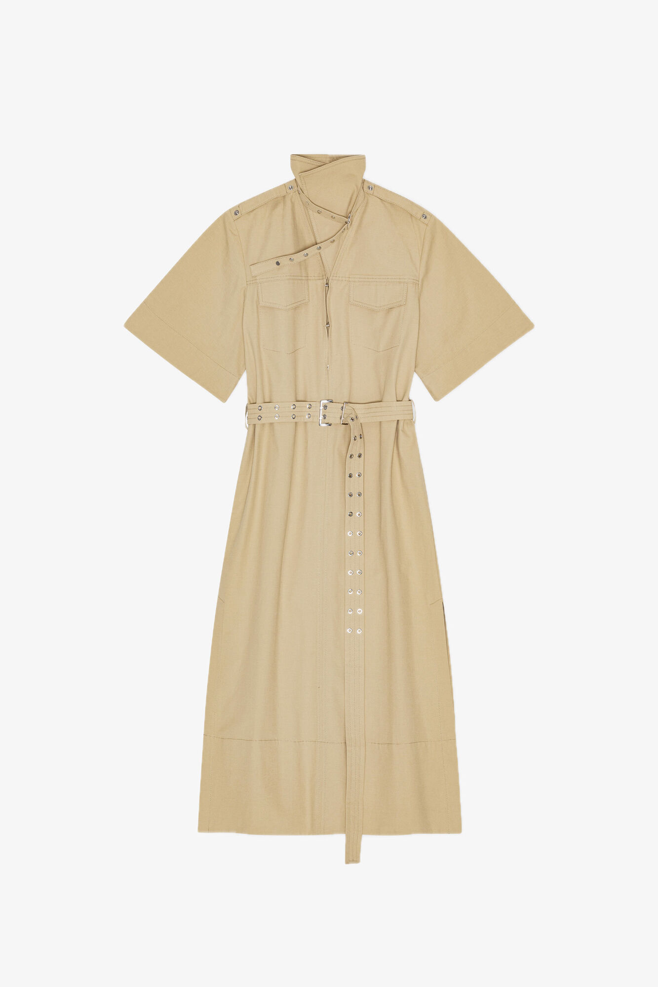 Beige Stretch Cotton Dress, Organic Cotton, in colour Pale Khaki - 2 - GANNI