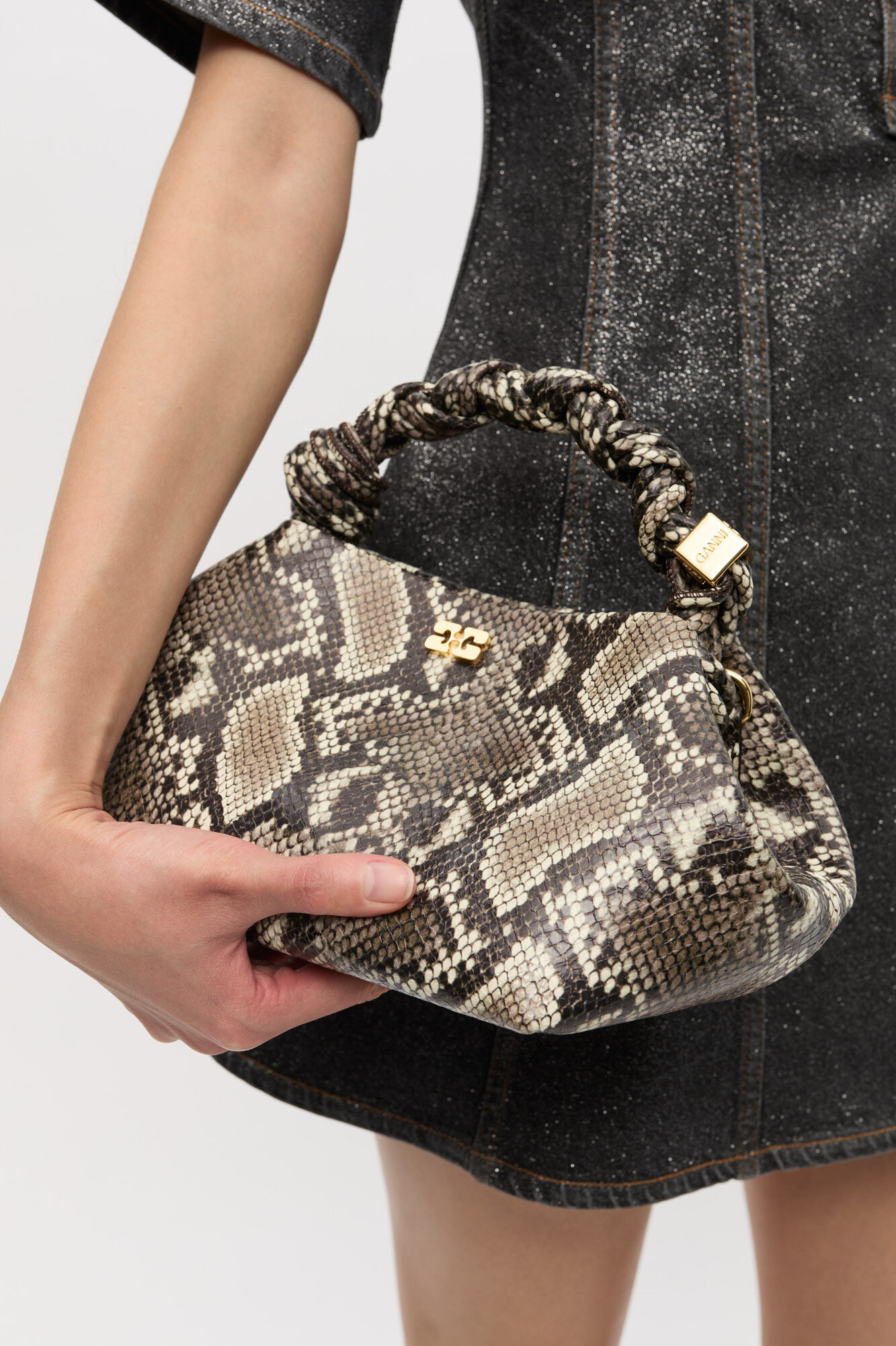 Snake Small Bou Bag, Recycled Leather, in colour Egret - 2 - GANNI