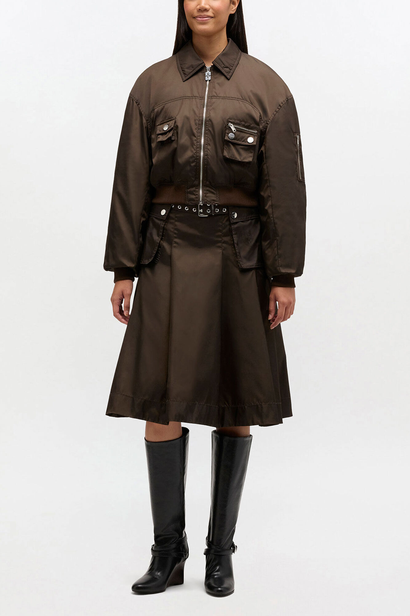 Duchesse Nylon Bomber Jacket, Recycled Polyamide, in colour Demitasse - 2 - GANNI