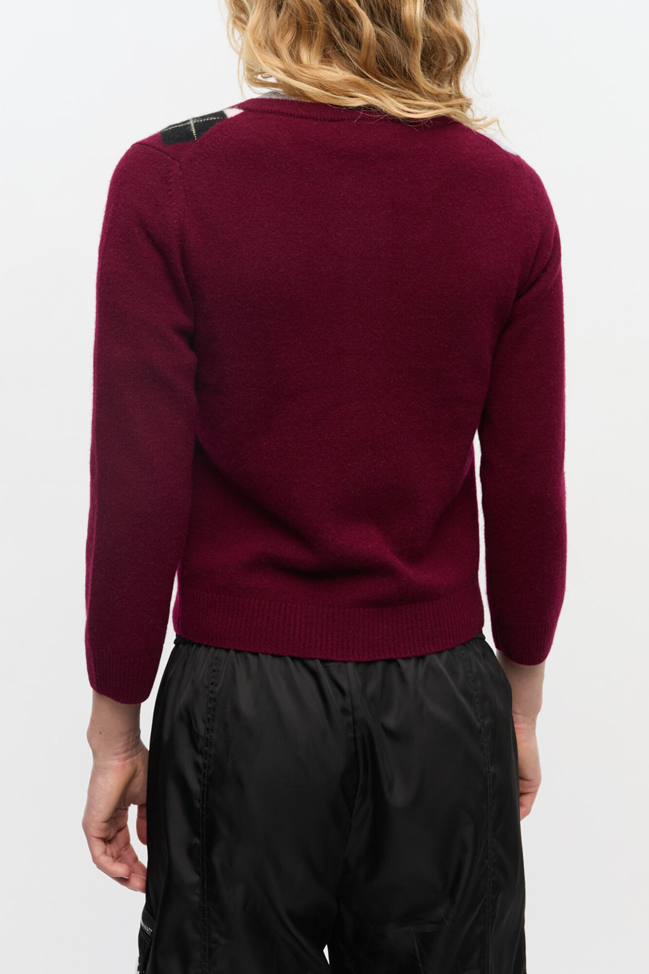 Burgundy Check Cardigan, Merino Wool, in colour Tawny Port - 3 - GANNI