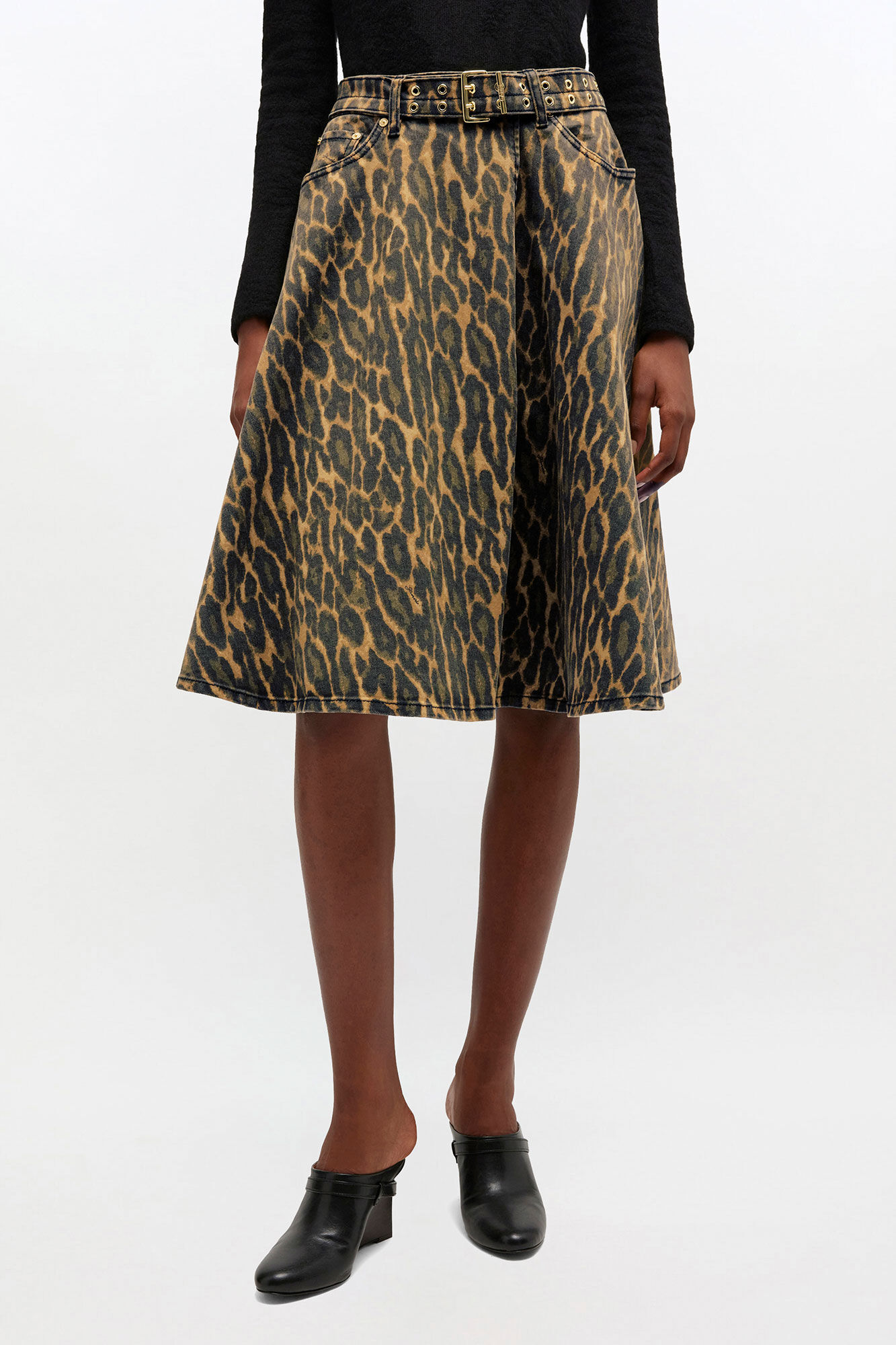 Leopard Denim Wrap Skirt, Organic Cotton, in colour Khaki - 3 - GANNI
