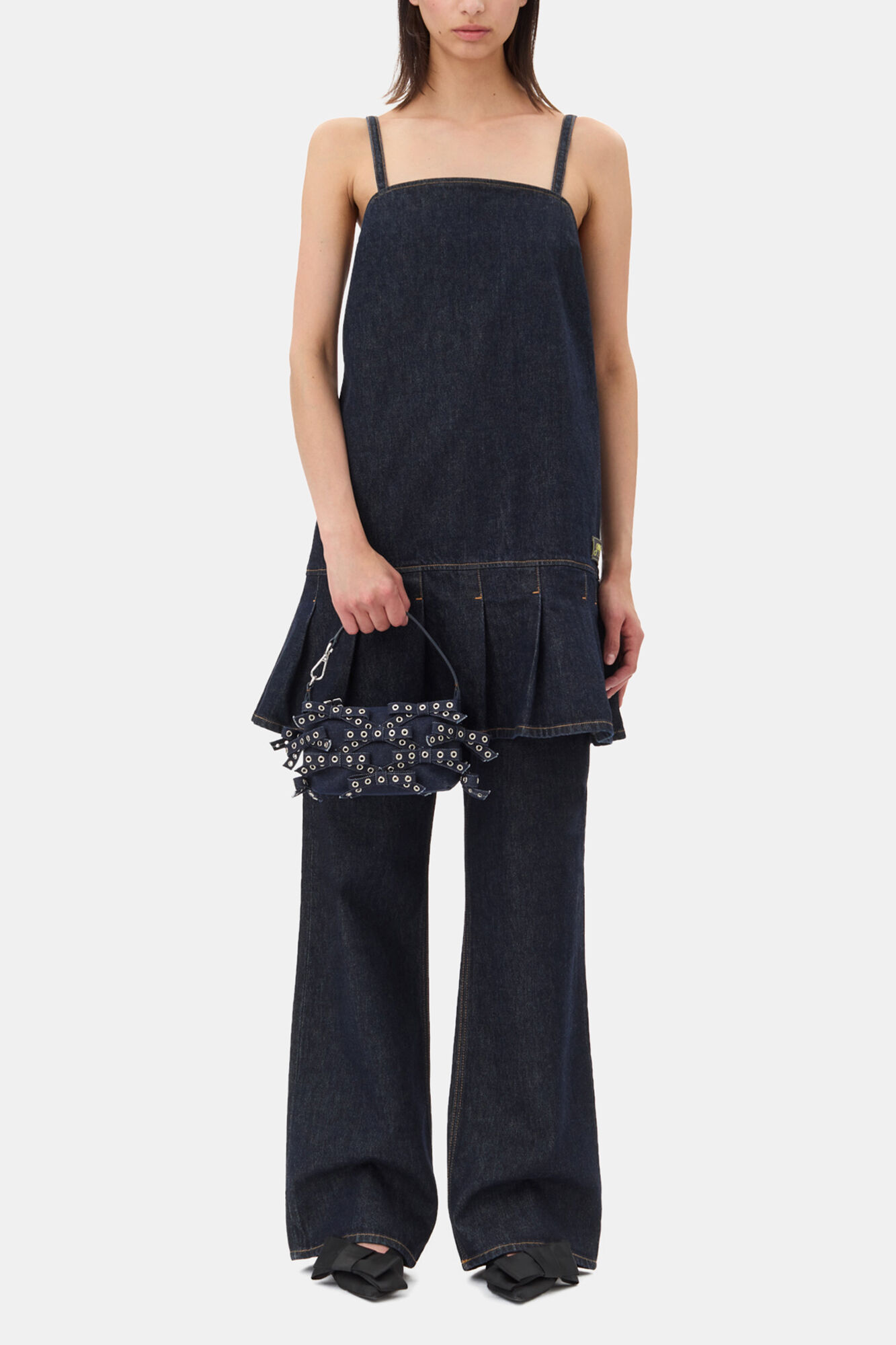 Denim Strap Mini Dress, Organic Cotton, in colour Rinse - 1 - GANNI