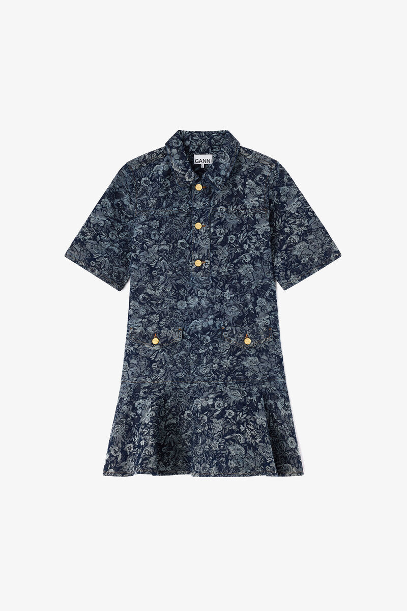 Kjole i Denim Tapestry, Organic Cotton, in colour Rinse - 1 - GANNI