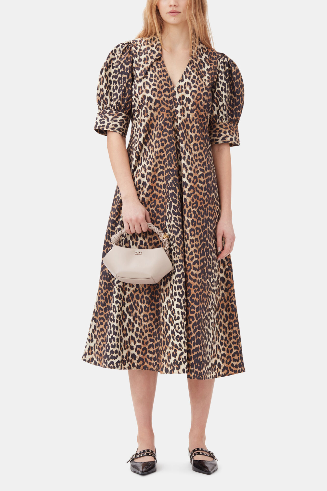 Leopard Cotton Poplin V-neck Maxi Dress, Organic Cotton, in colour Leopard - 1 - GANNI