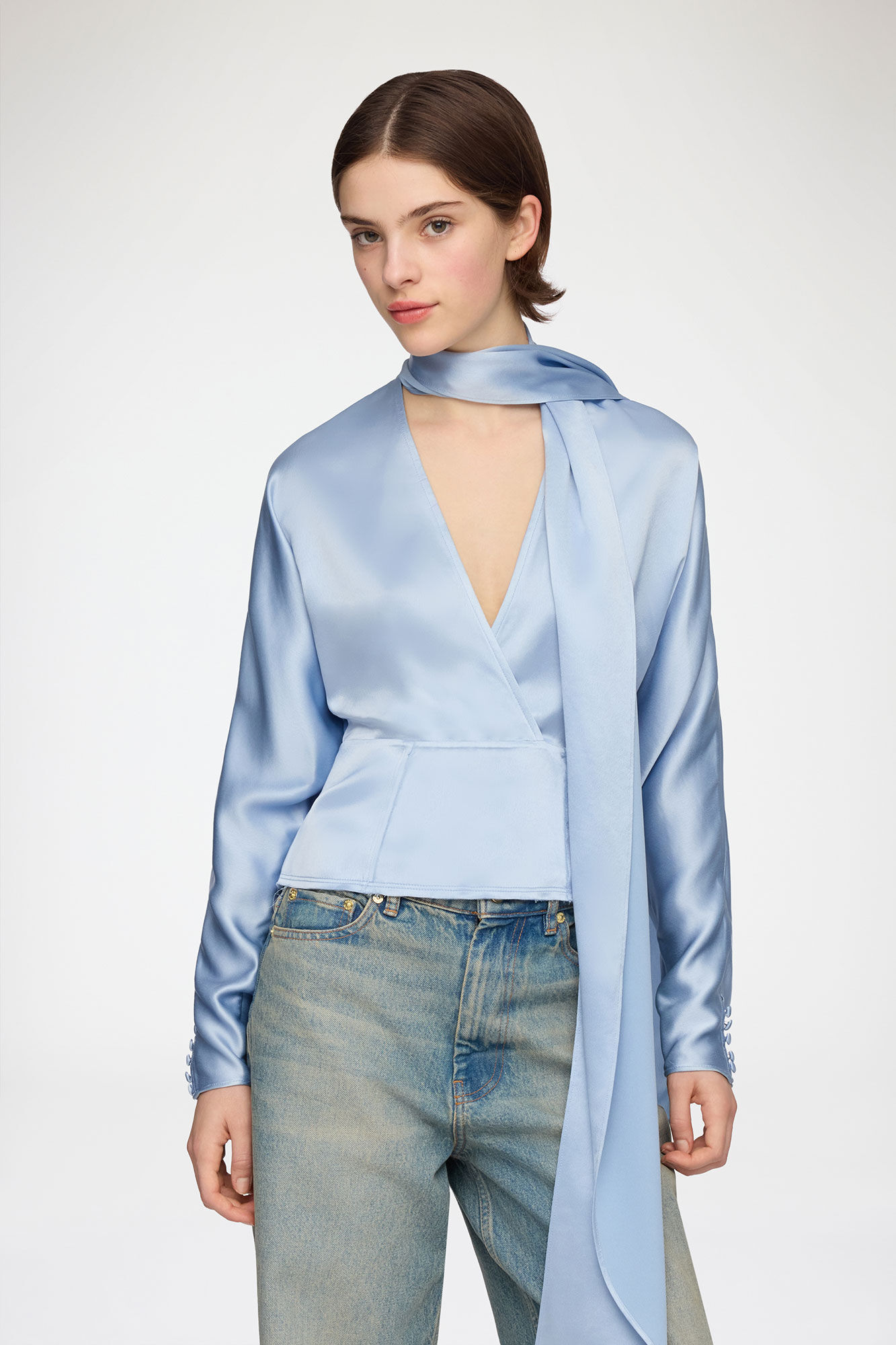 Blouse in Blue Satin, Acetate, in colour Soft Chambray - 1 - GANNI