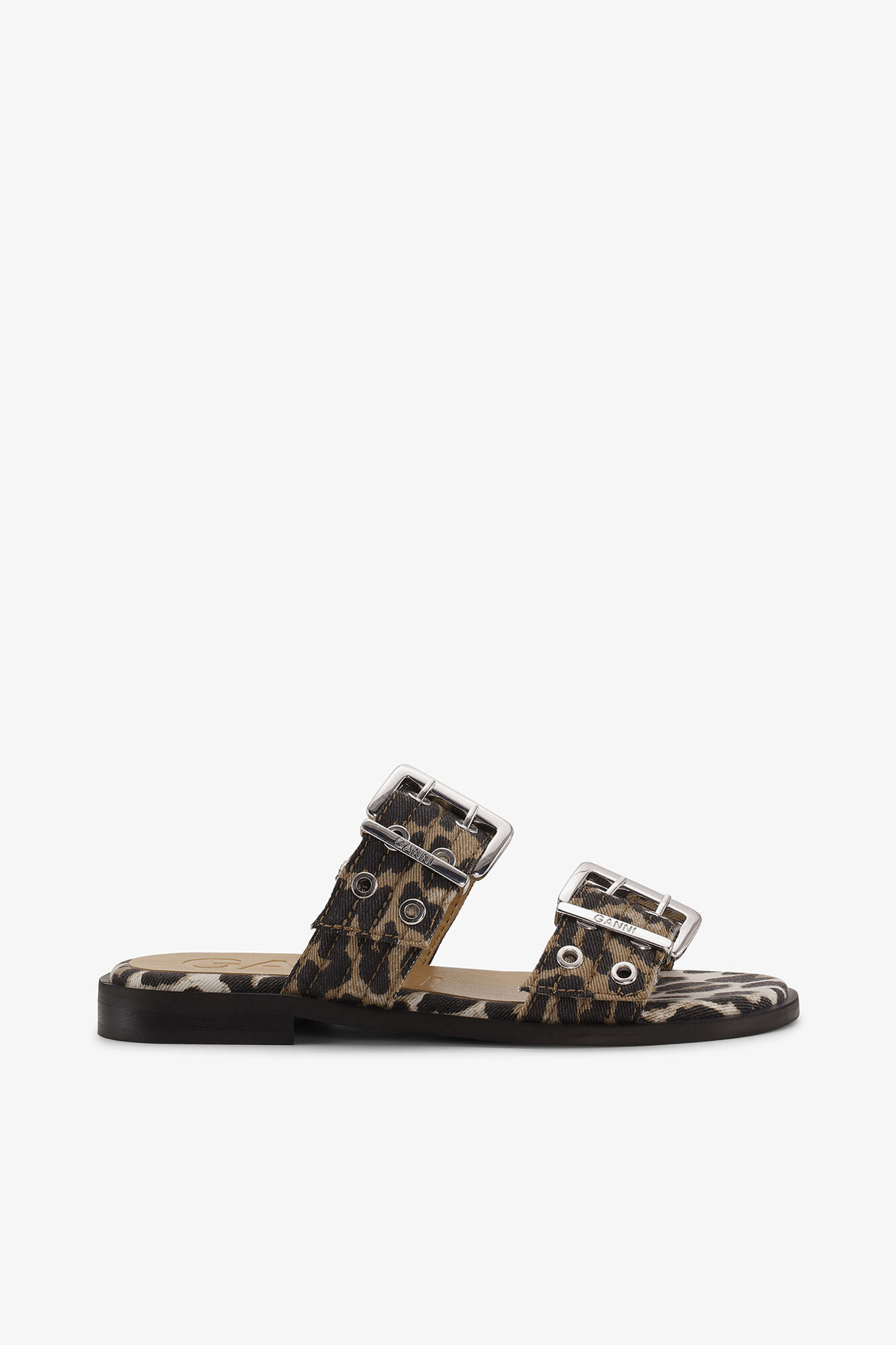 Feminine Buckle Two-Strap Sandals in Leopard Denim, Organic Cotton, in colour Leopard - 1 - GANNI