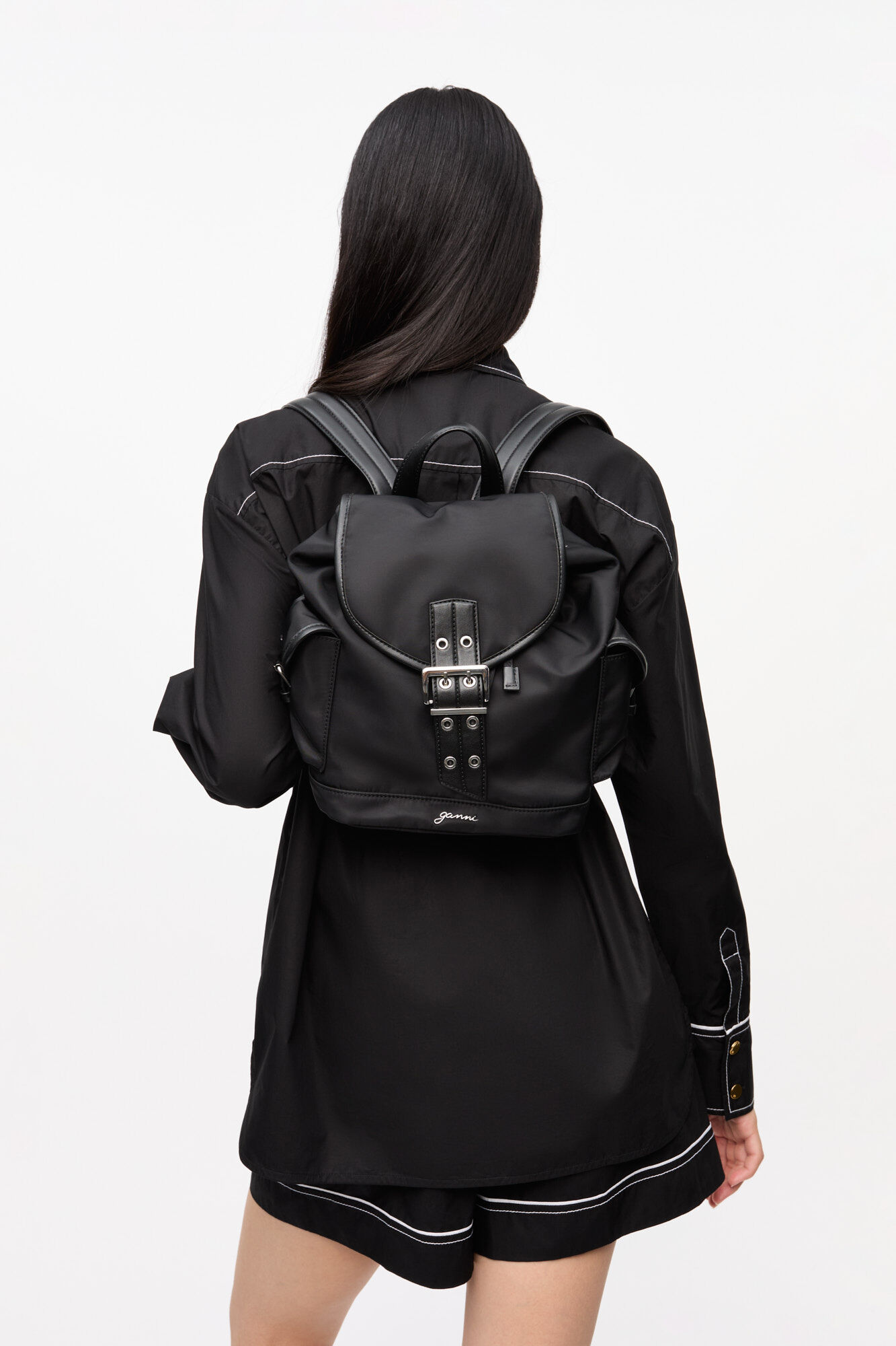 Black Small Bucky Nylon Backpack, Recycled Nylon, in colour Black - 1 - GANNI