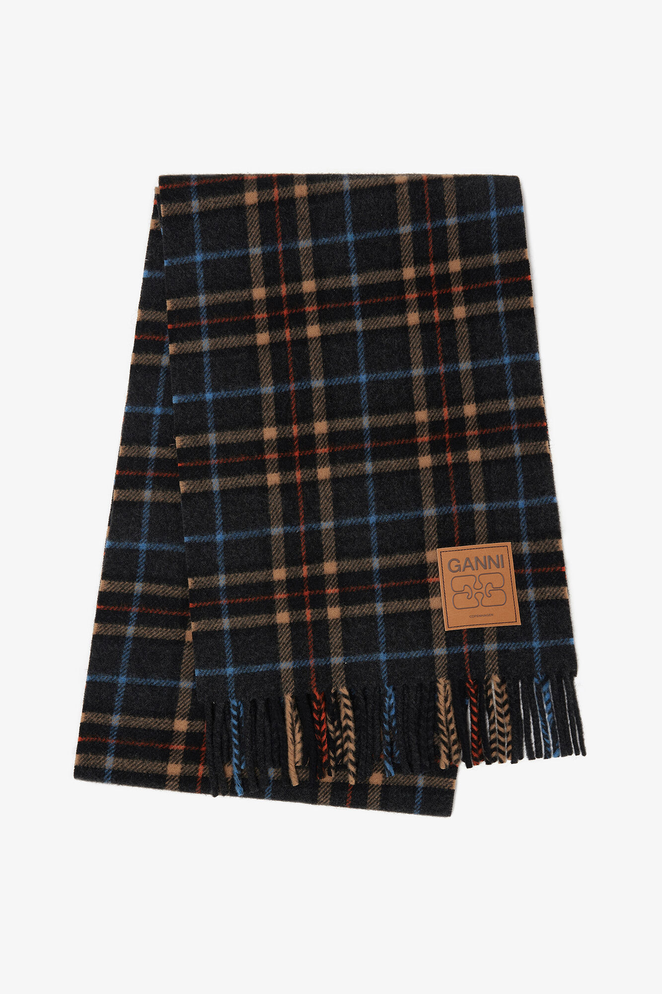 Check Wool Scarf, Wool, in colour Charcoal Grey - 1 - GANNI