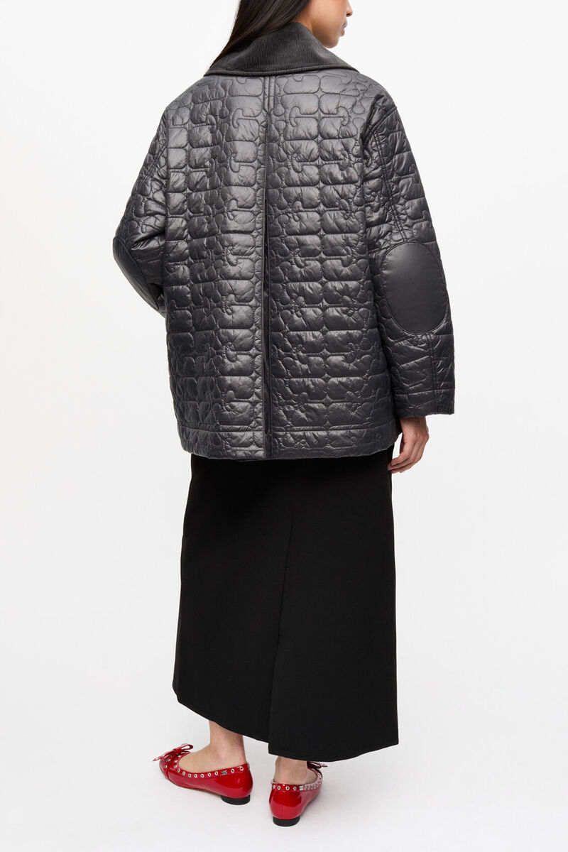 Veste midi matelass&eacute;e noir brillant, Recycled Nylon, in colour Phantom - 2 - GANNI
