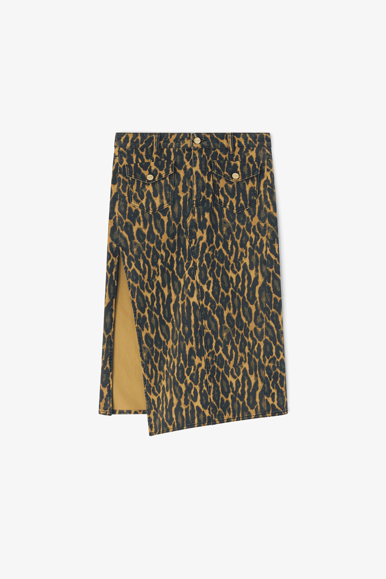 Leopard Print Denim Midi Skirt, Organic Cotton, in colour Khaki - 1 - GANNI