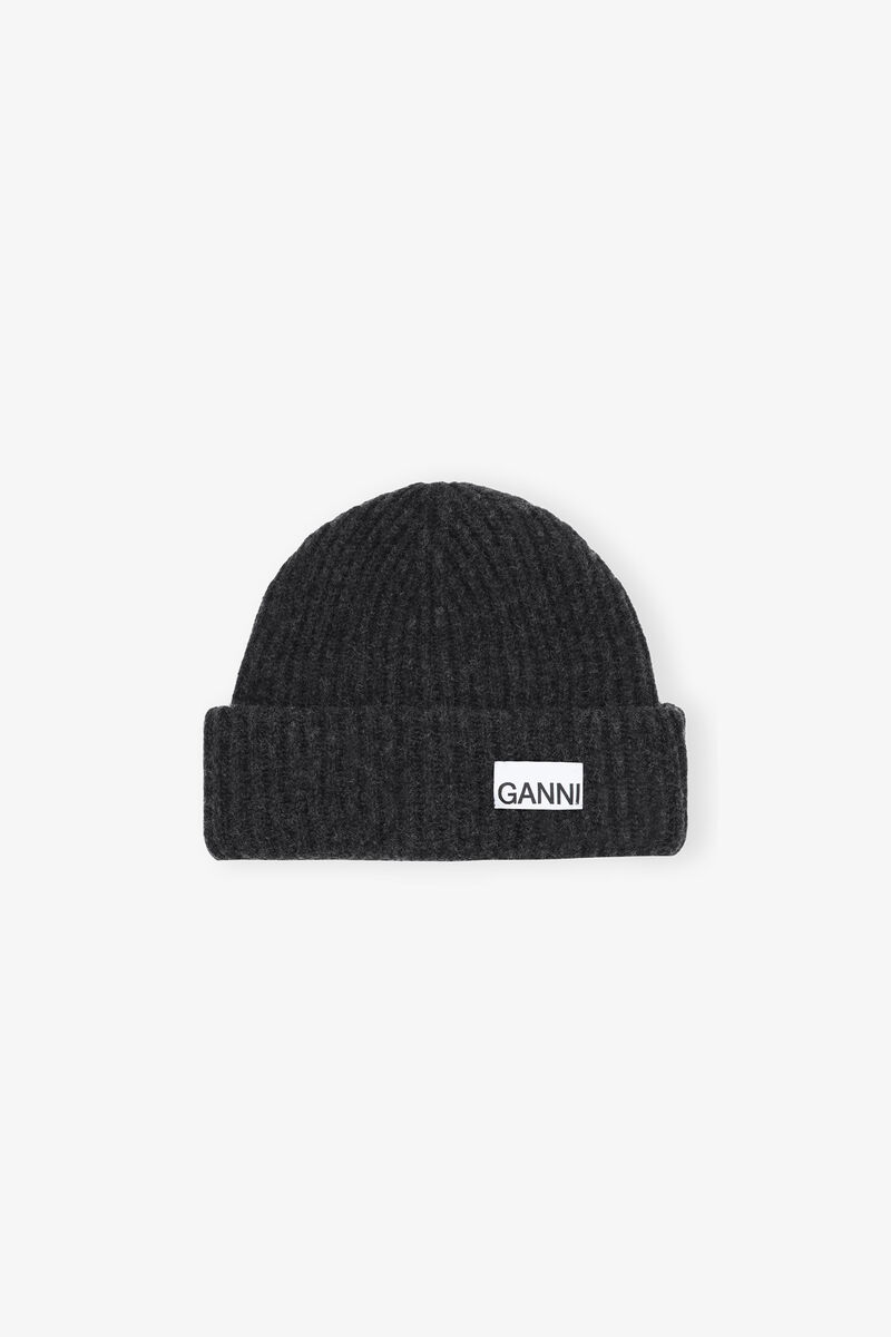 Oversized Wool Rib Knit Beanie, Wool, in colour Phantom - 1 - GANNI