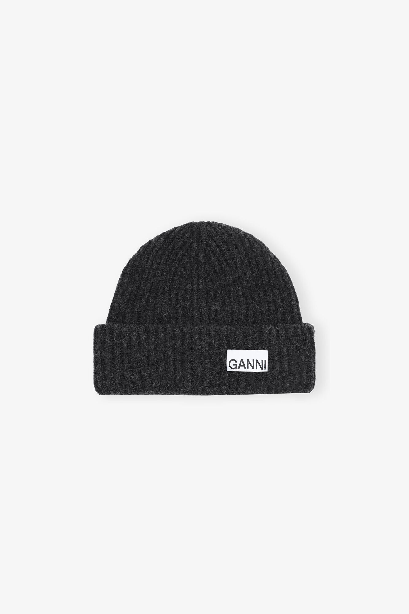 Oversized Wool Rib Knit Beanie, Wool, in colour Phantom - 1 - GANNI