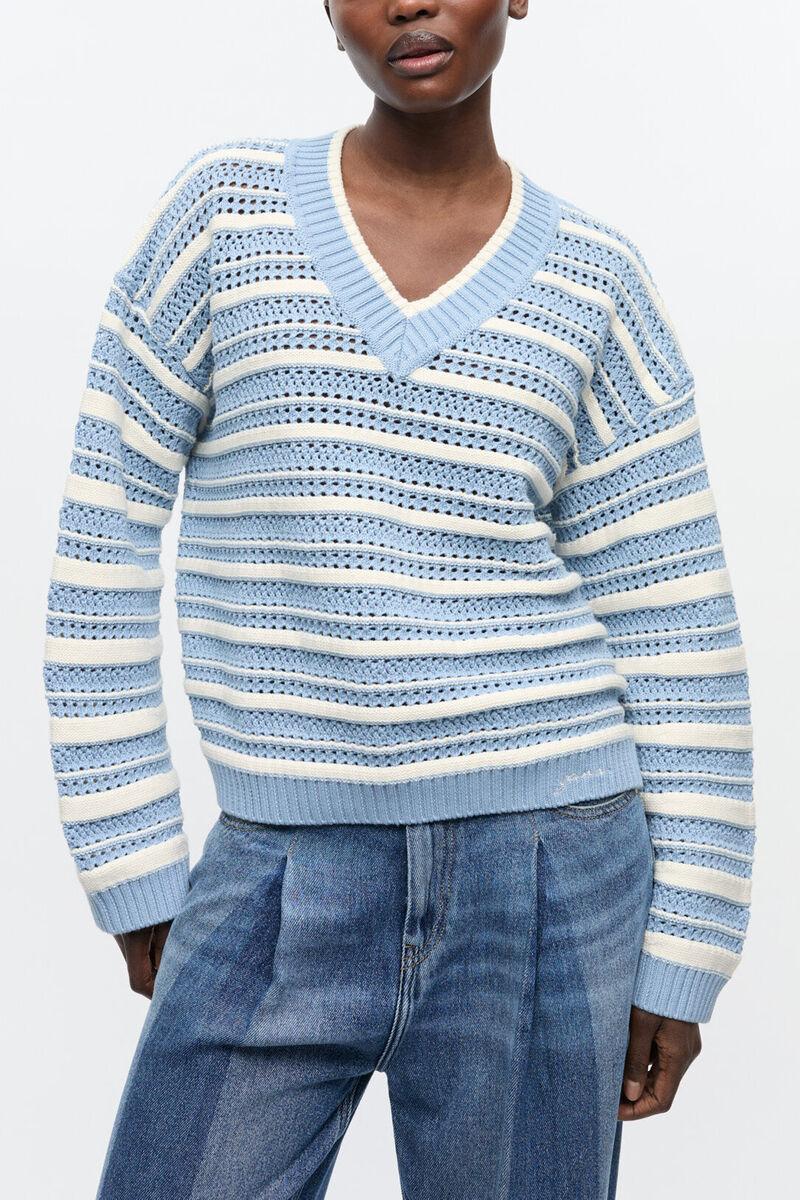 Blue Striped Cotton V-neck Jumper, Organic Cotton, in colour Egret - 1 - GANNI