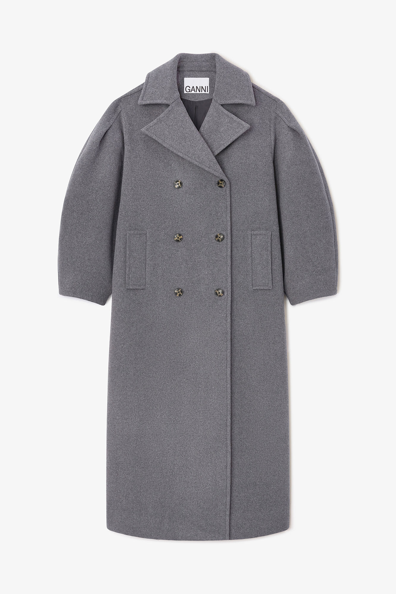 Grey Wool Oversized Long Peacoat, Recycled Wool, in colour Pewter - 1 - GANNI