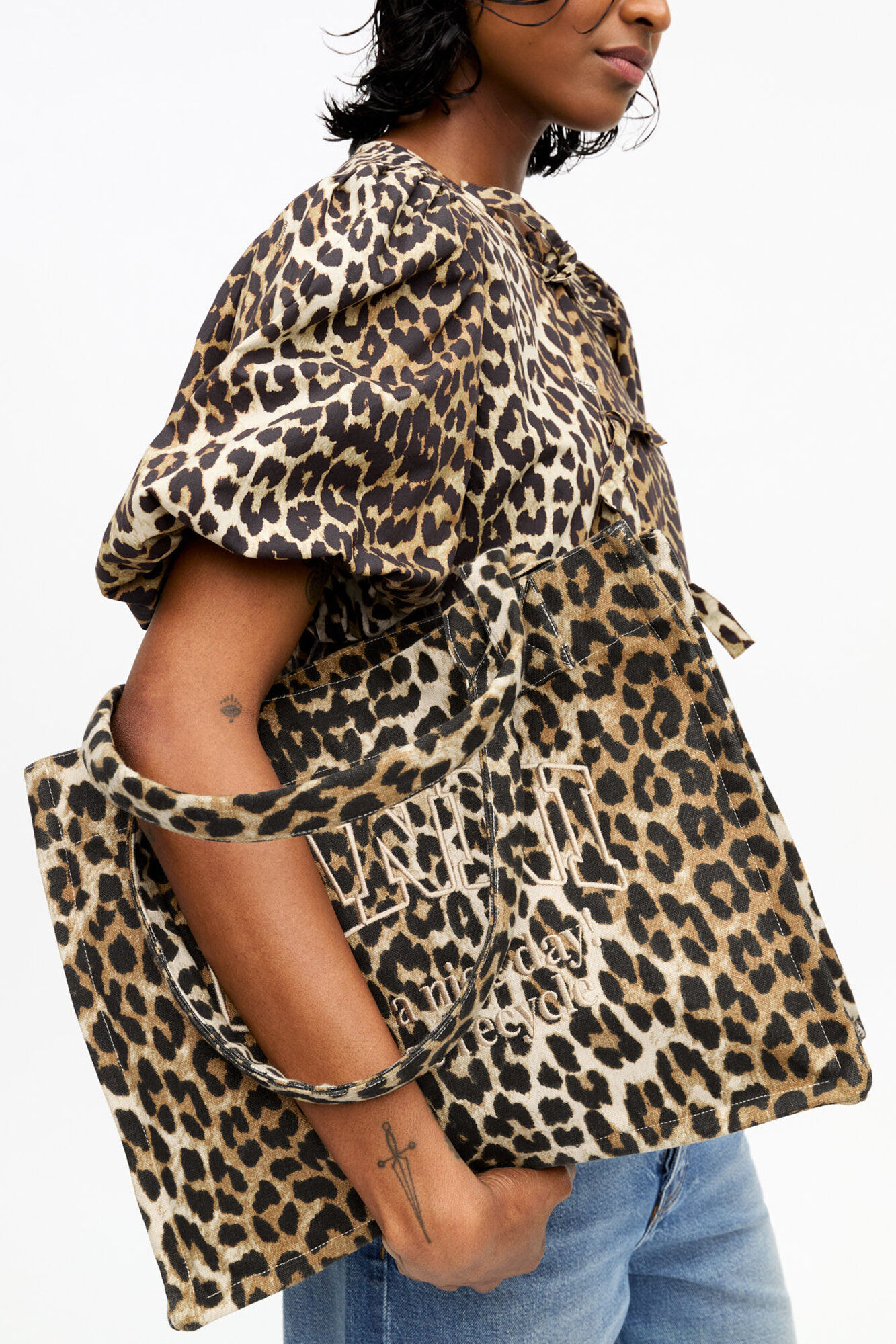 Leopard Large Canvas Tote Bag, Recycled Cotton, in colour Leopard - 3 - GANNI