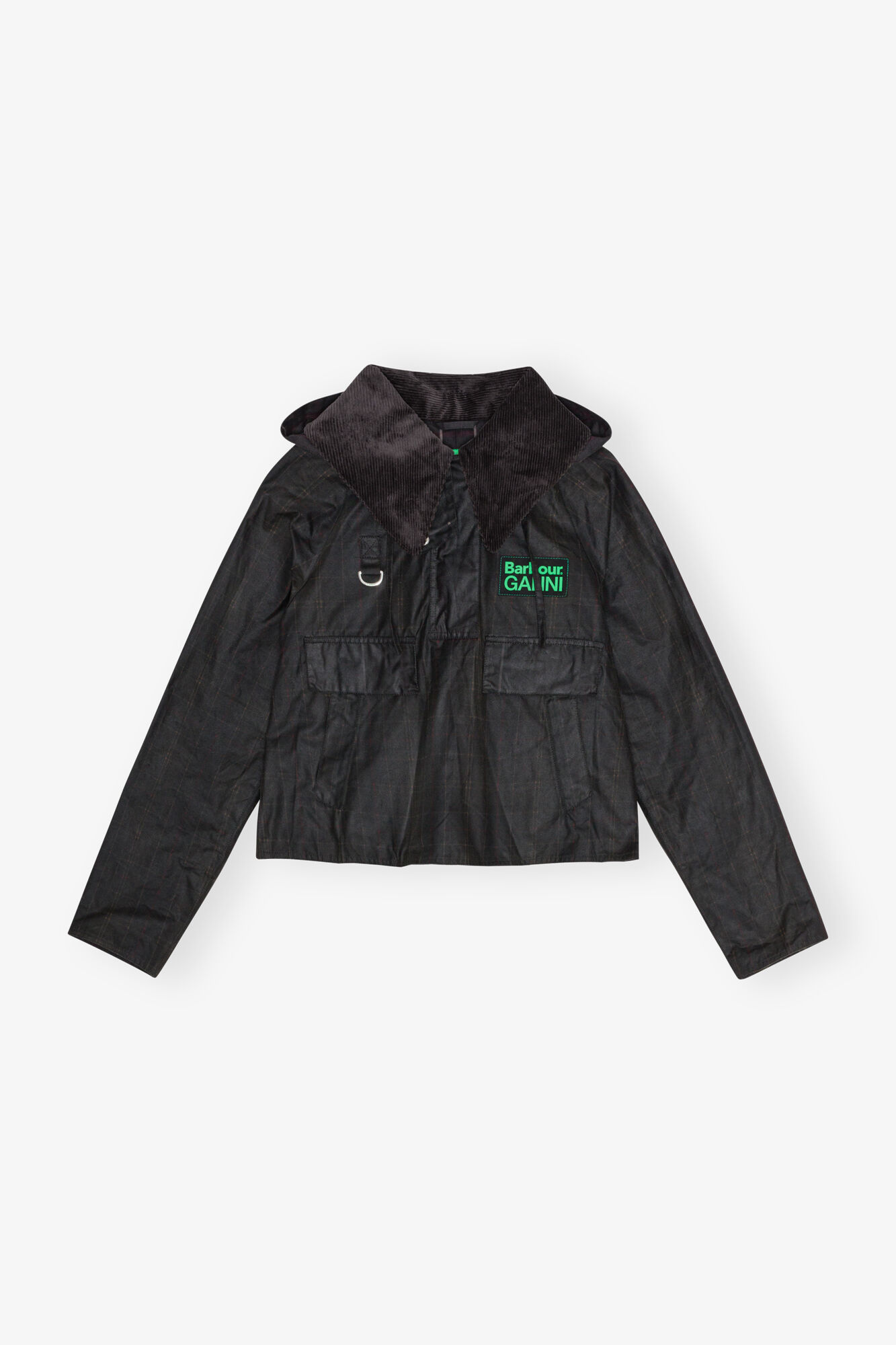 GANNI x Barbour Tartan Waxed Anorak, Organic Cotton, in colour Dark Green - 1 - GANNI