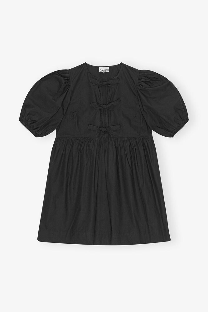 Black Cotton Poplin Tie String Mini Dress, Black