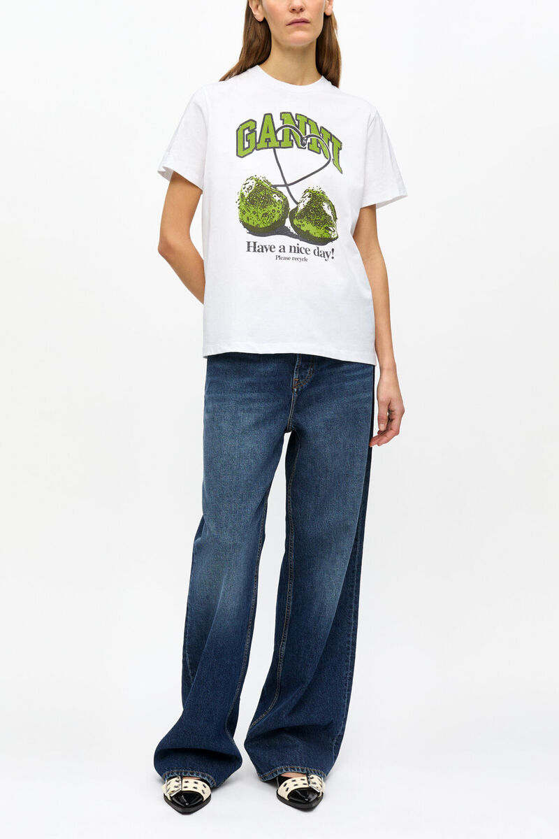White Basic Jersey Cherry Relaxed T-shirt, Organic Cotton, in colour Bright White - 2 - GANNI