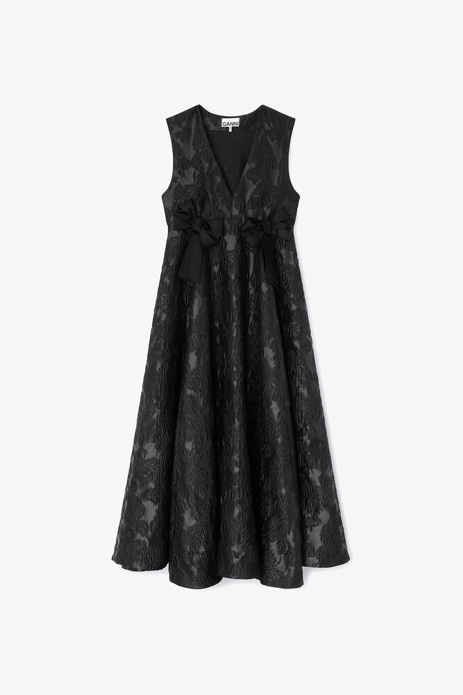 Satin Cloque Long Dress, Black