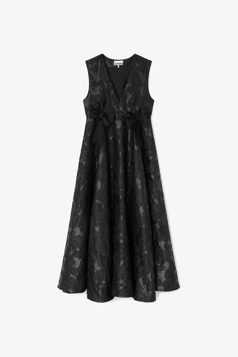 Satin Cloque Long Dress, Recycled Polyester, in colour Black - 1 - GANNI
