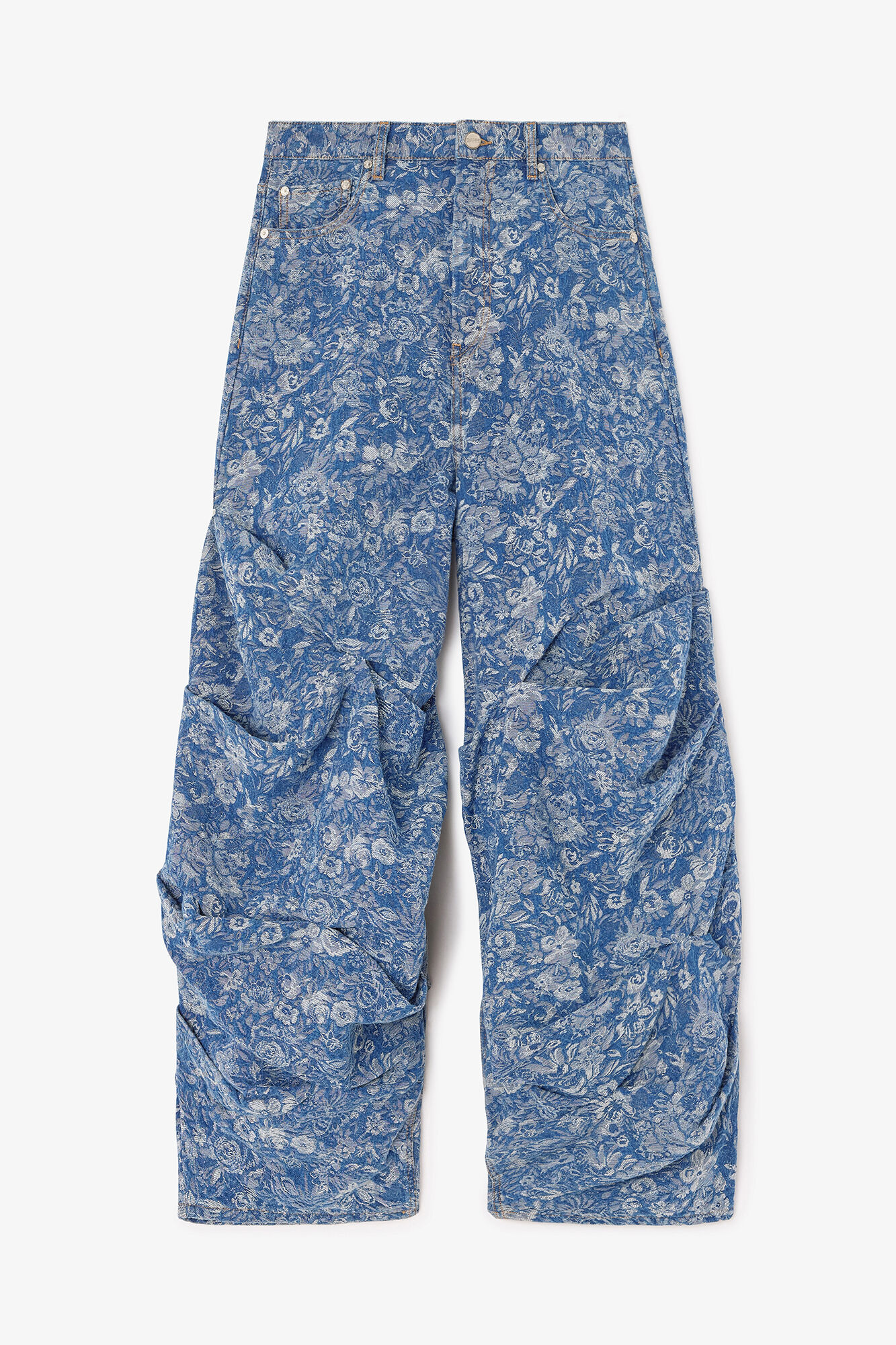 Draped Jeans in Blue Tapestry, Organic Cotton, in colour Mid Blue Stone - 1 - GANNI
