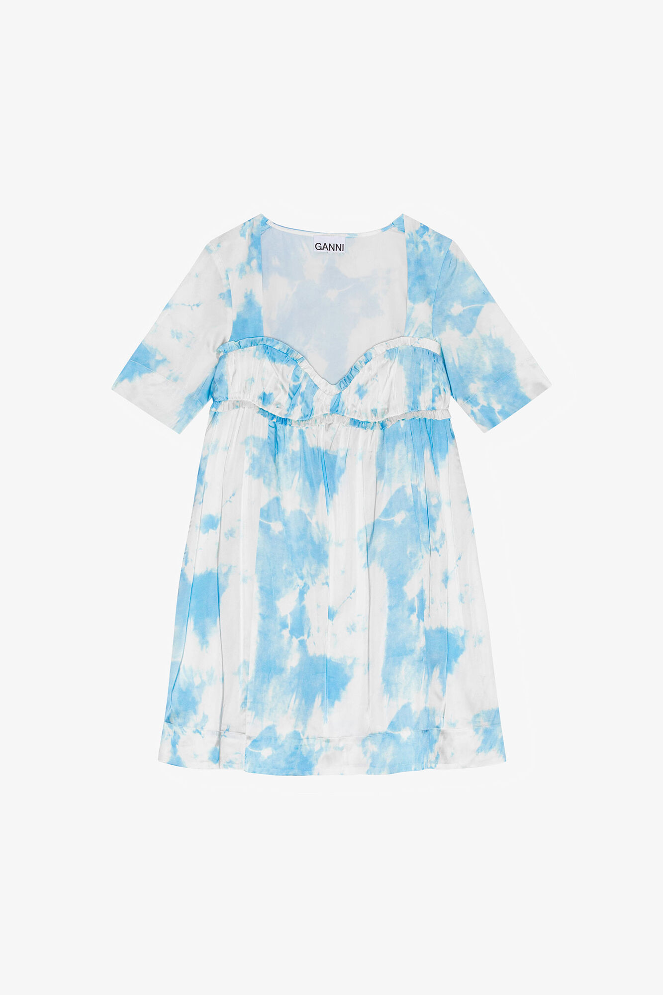 Printed Satin Short Sleeve Mini Dress, Elastane, in colour Powder Blue - 1 - GANNI
