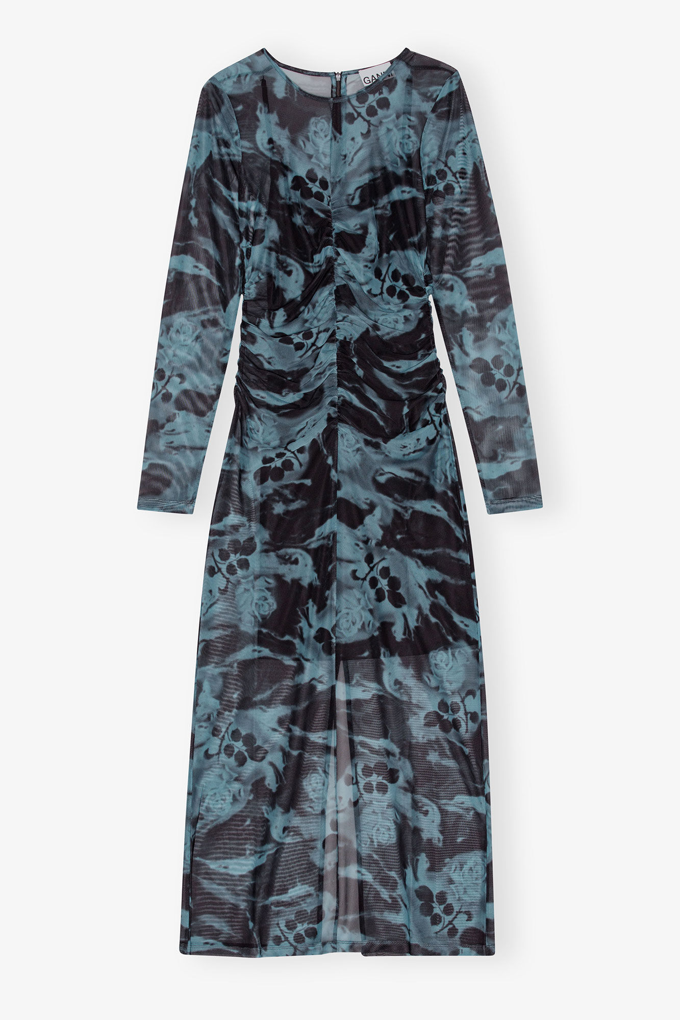 Blue Printed Mesh O-neck Ruched Long Dress, Recycled Polyester, in colour Blue Shadow - 1 - GANNI