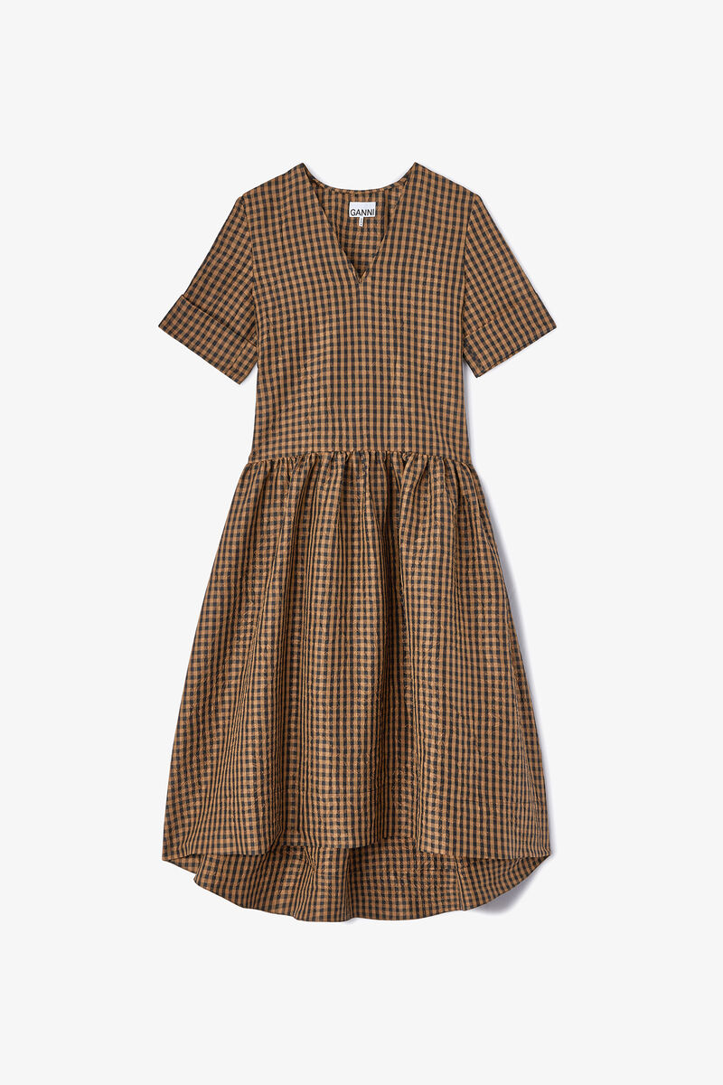 Crinkled Check Long Dress, Recycled Polyester, in colour Tobacco Brown - 1 - GANNI