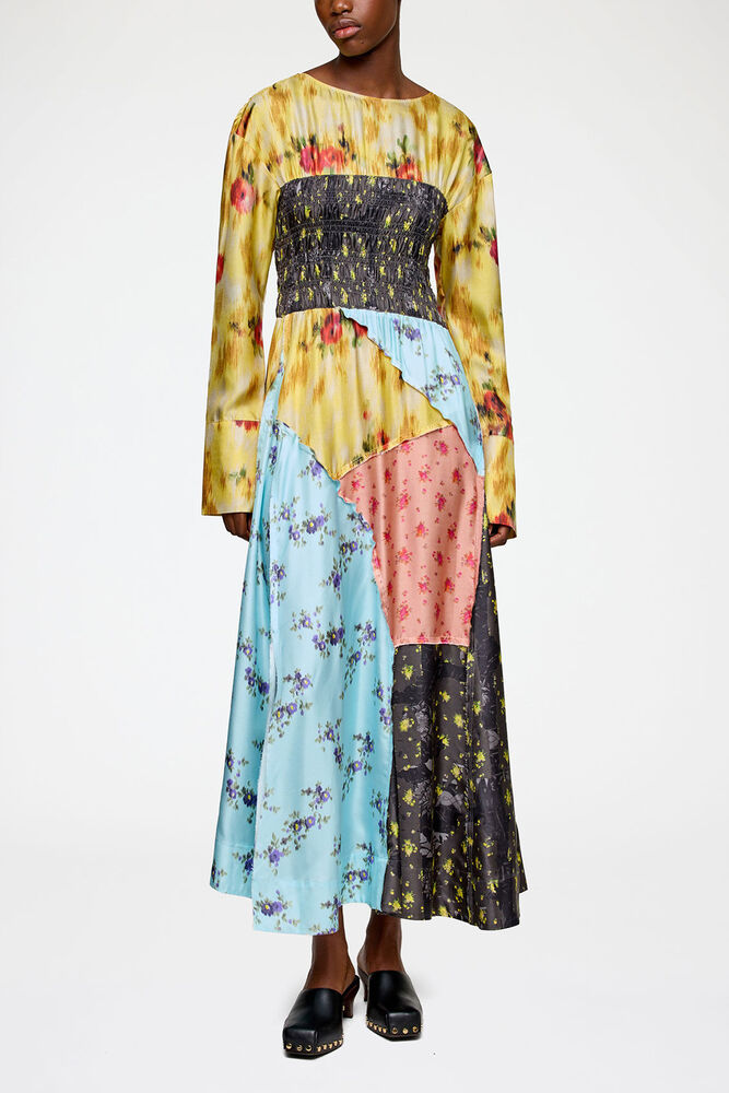 Dress in Multi Printed Silk, Iced Aqua