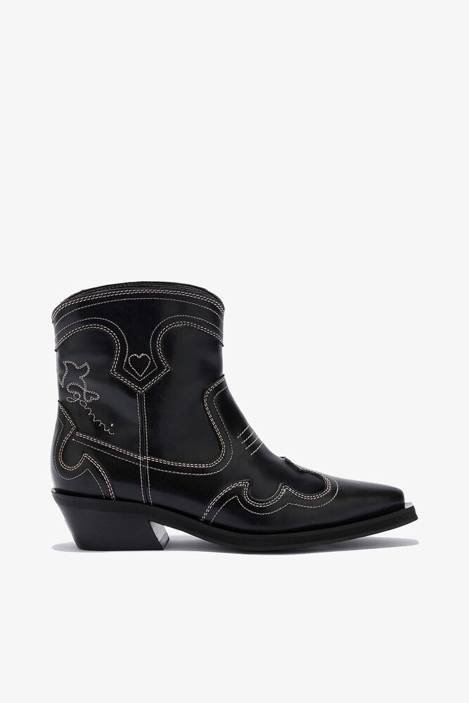 Low Shaft Embroidered Western Boots, Black/Pink