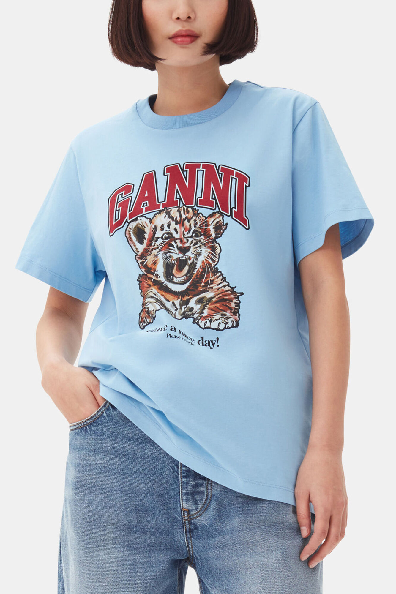 Blue Basic Jersey Tiger Relaxed T-shirt, Organic Cotton, in colour Blissful Blue - 1 - GANNI