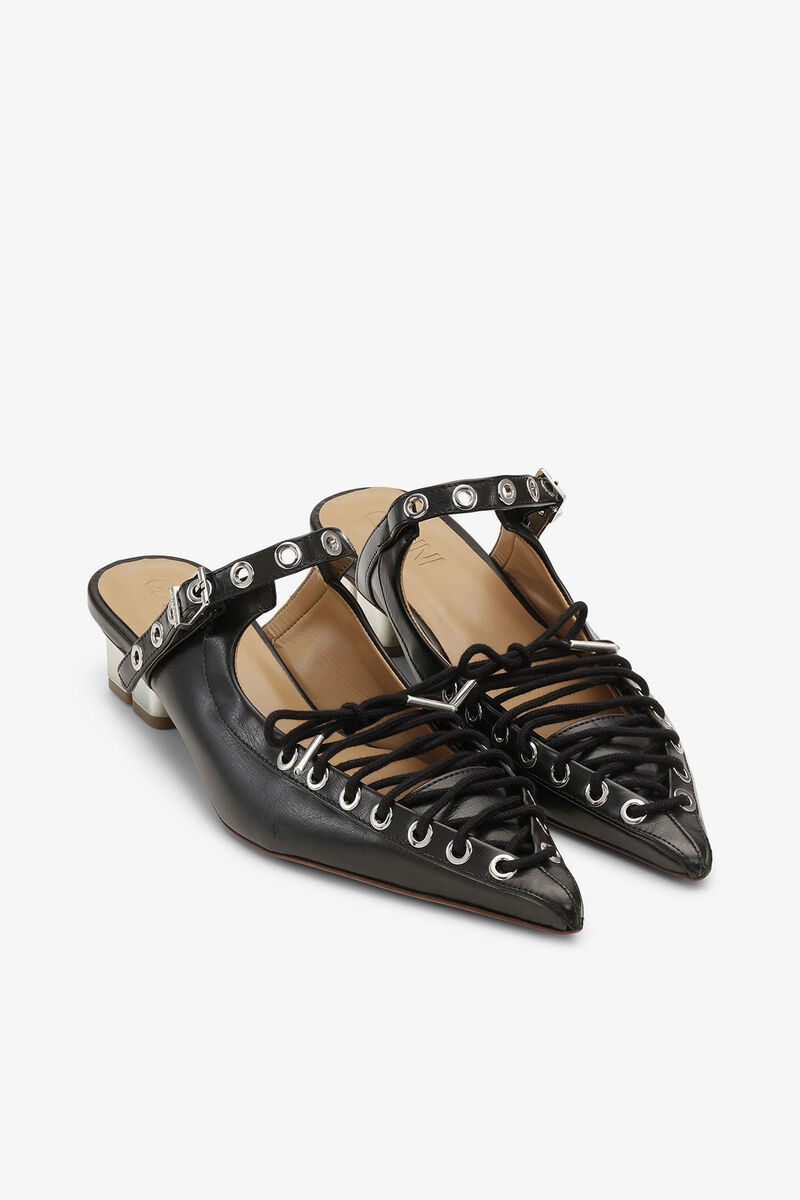 Mules &agrave; lacets en Oleatex noir, Polyurethane, in colour Black - 3 - GANNI