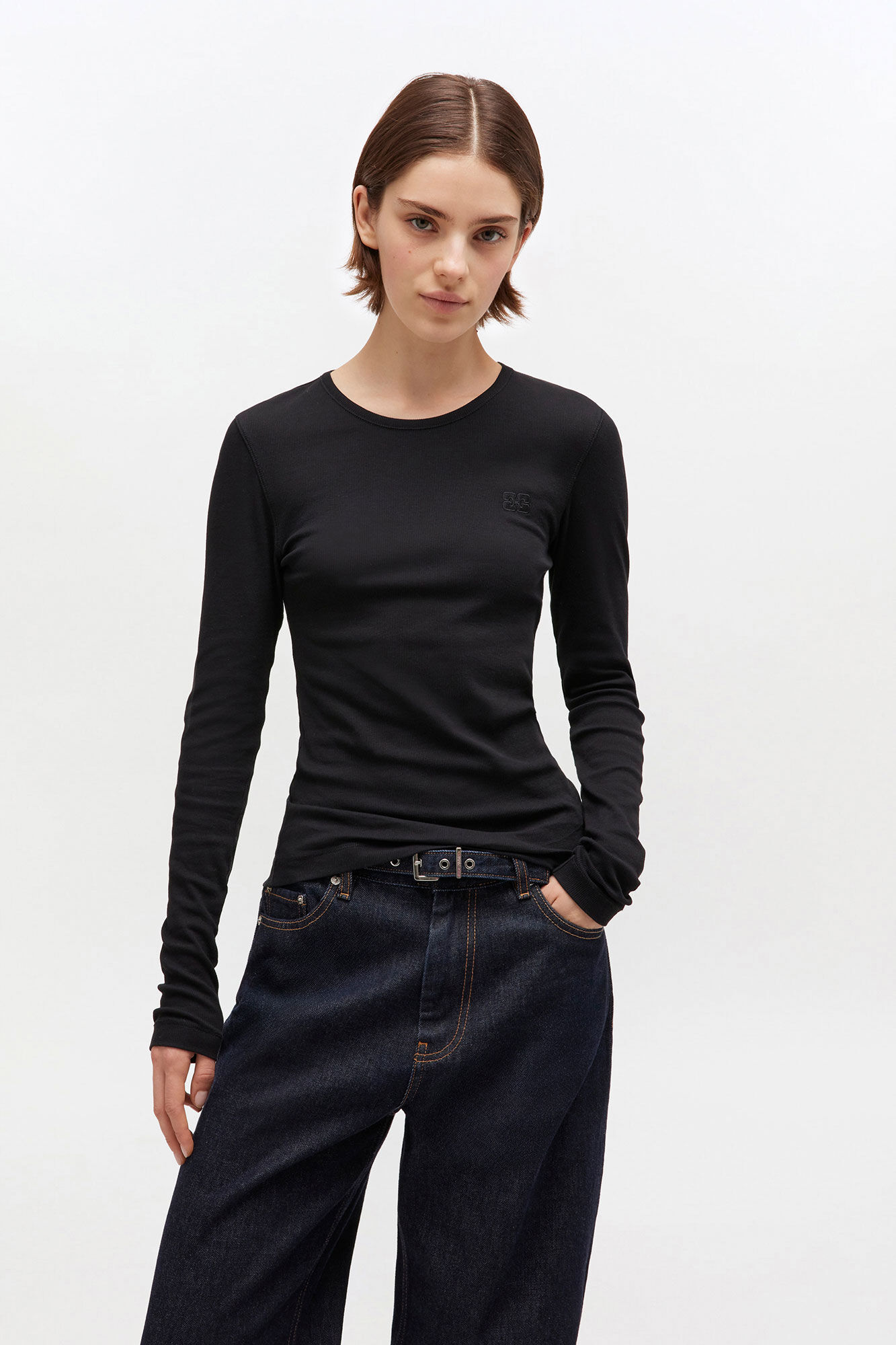 Black Rib Long-sleeve, Organic Cotton, in colour Black/Black - 1 - GANNI