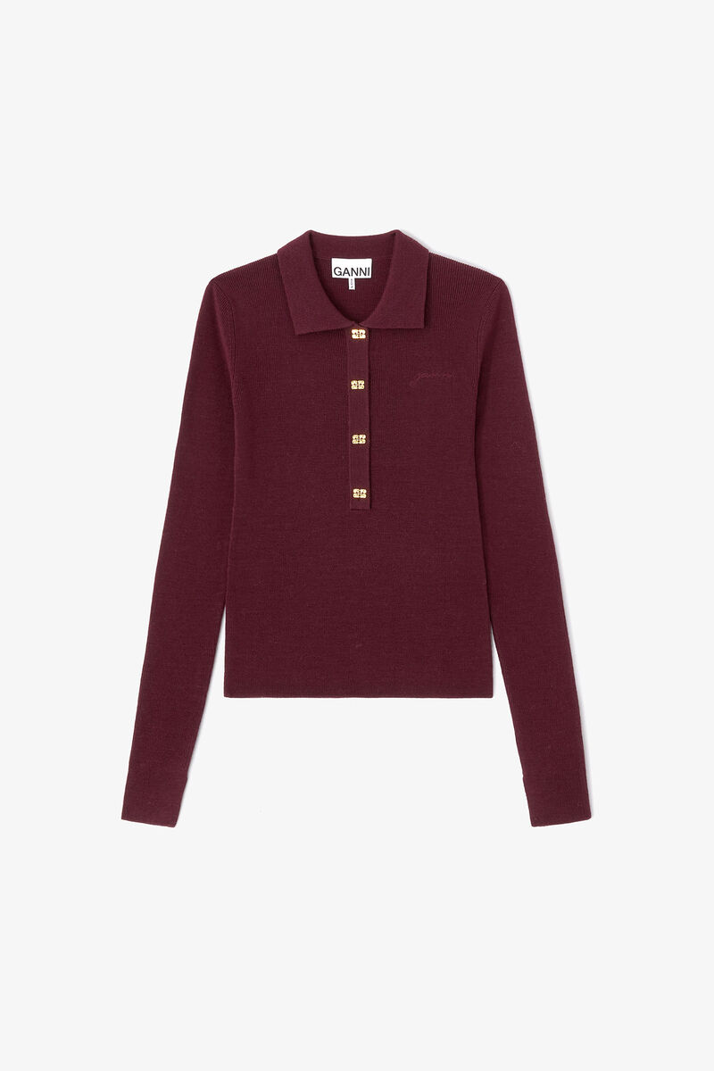 Knitted Polo Shirt, Wool, in colour Red Dahlia - 1 - GANNI