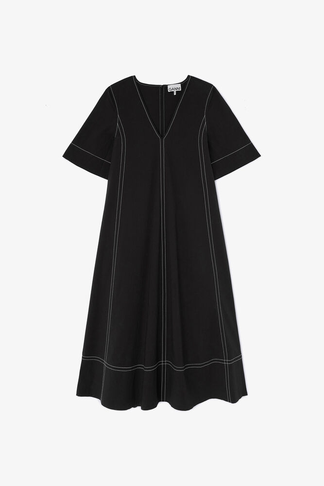 Black Cotton A-line Dress, Black