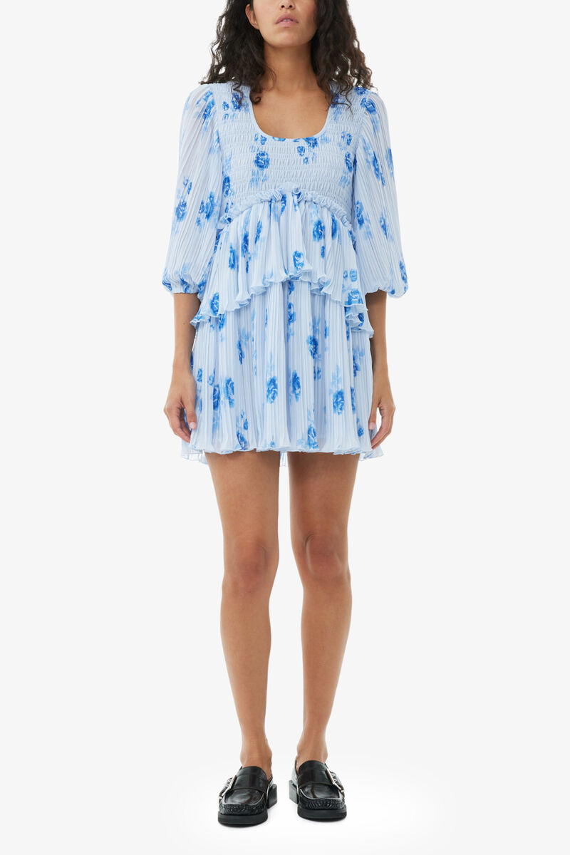 Blue Pleated Georgette Flounce Smock Mini Dress, Recycled Polyester, in colour Heather - 1 - GANNI