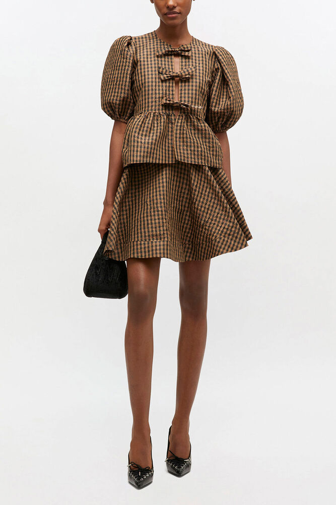 Crinkled Check Mini Circle Skirt, Tobacco Brown