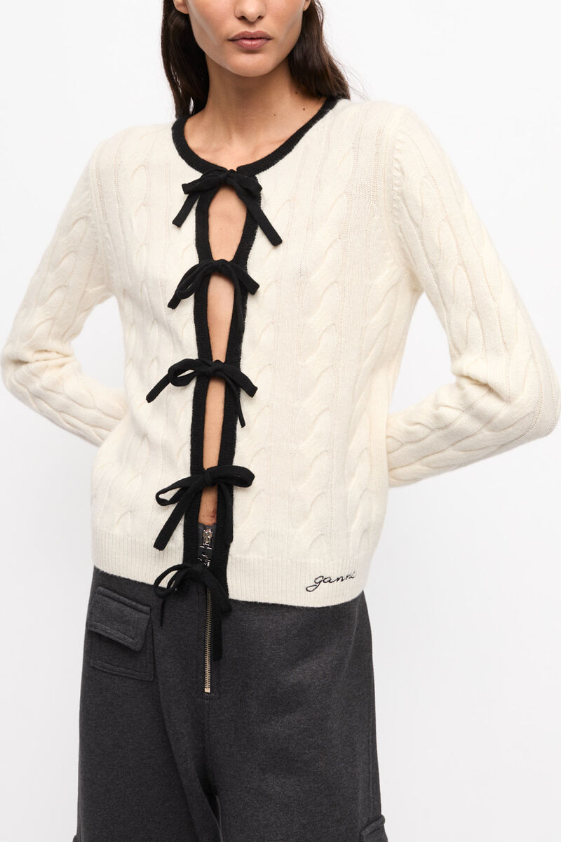 Cardigan in White Cashmere Mix, Merino Wool, in colour Egret - 1 - GANNI