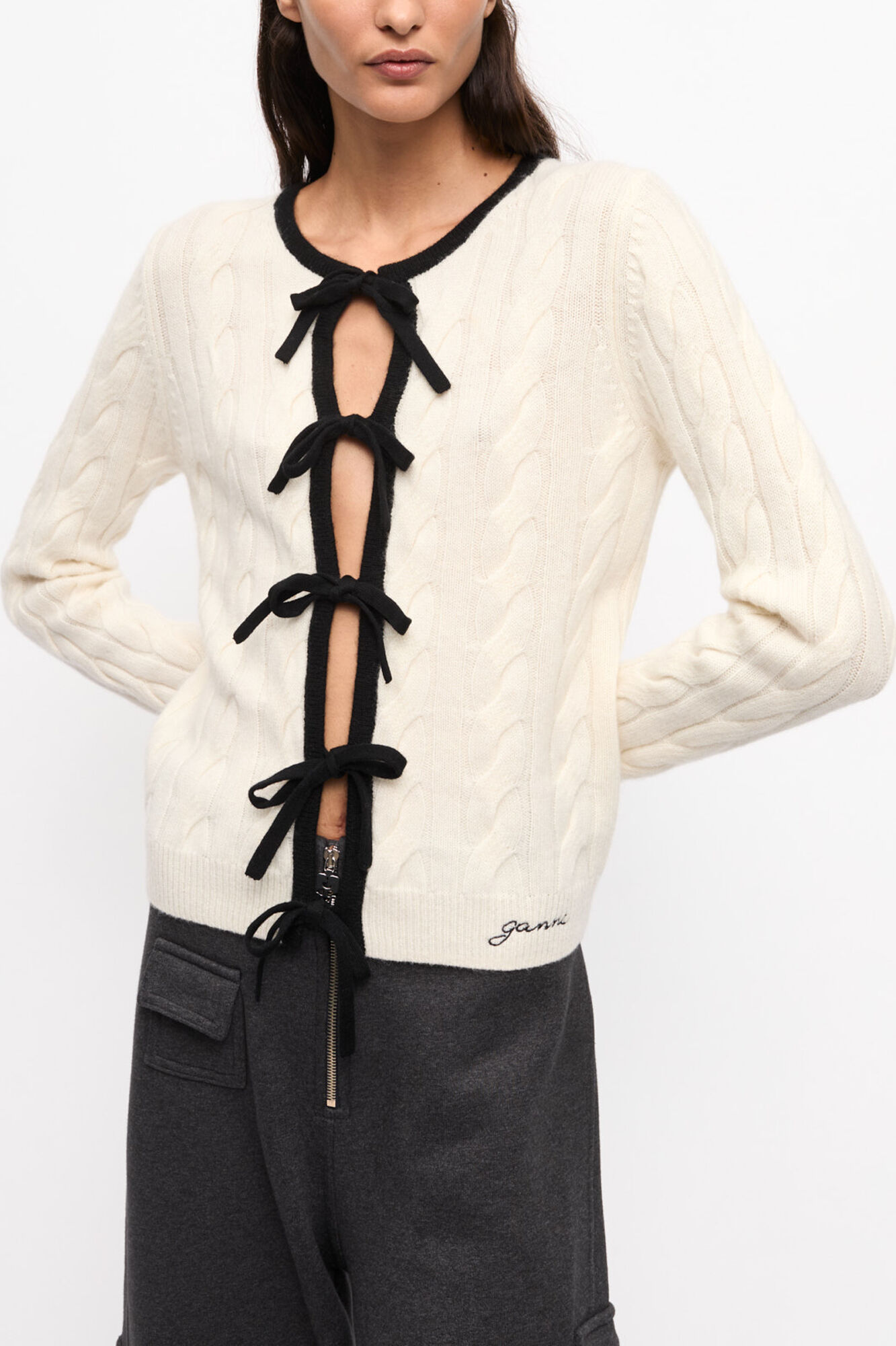 Cardigan in White Cashmere Mix, Merino Wool, in colour Egret - 1 - GANNI