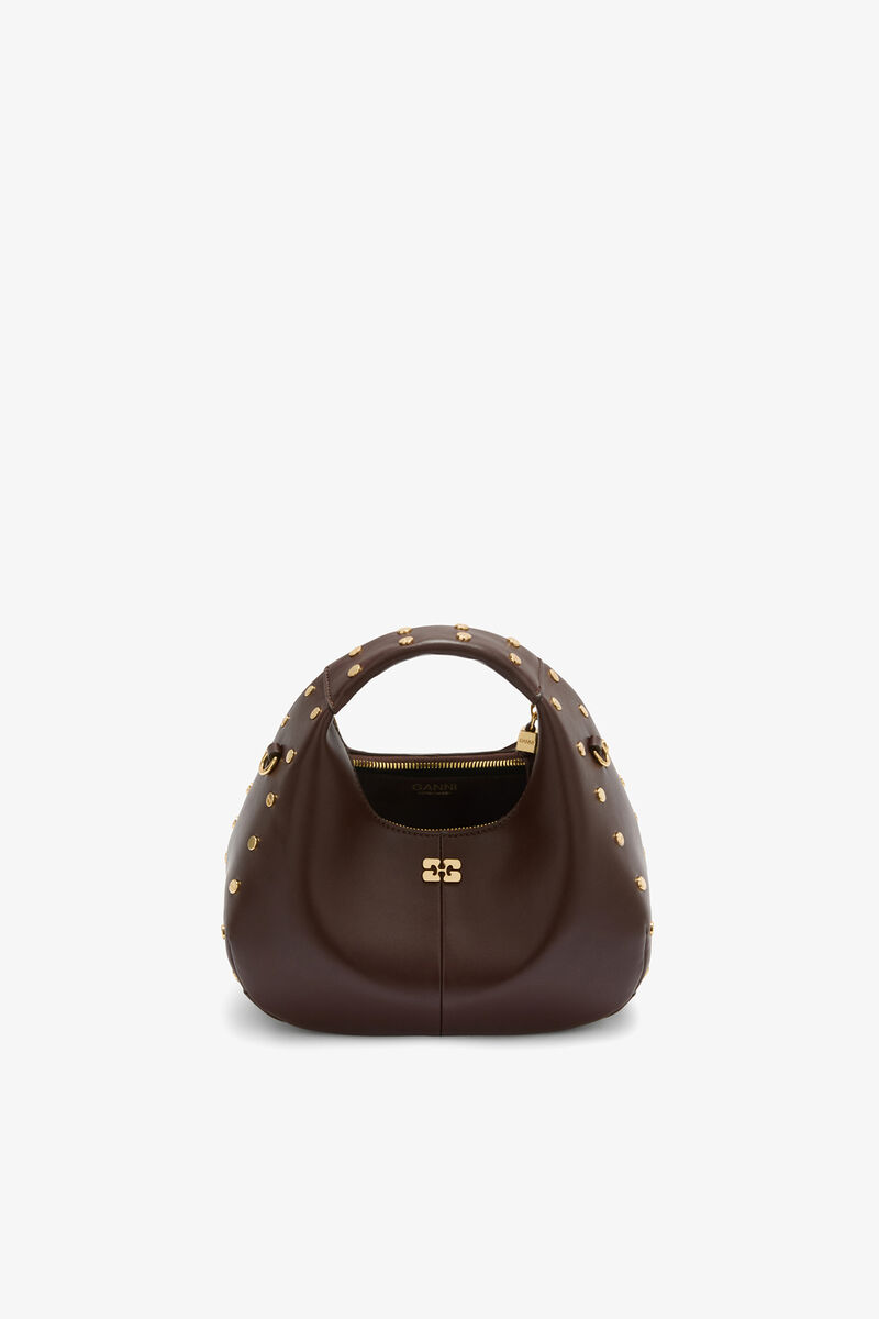 Mini Hobo Bag Studs in Brown, Recycled Leather, in colour Chicory Coffee - 3 - GANNI