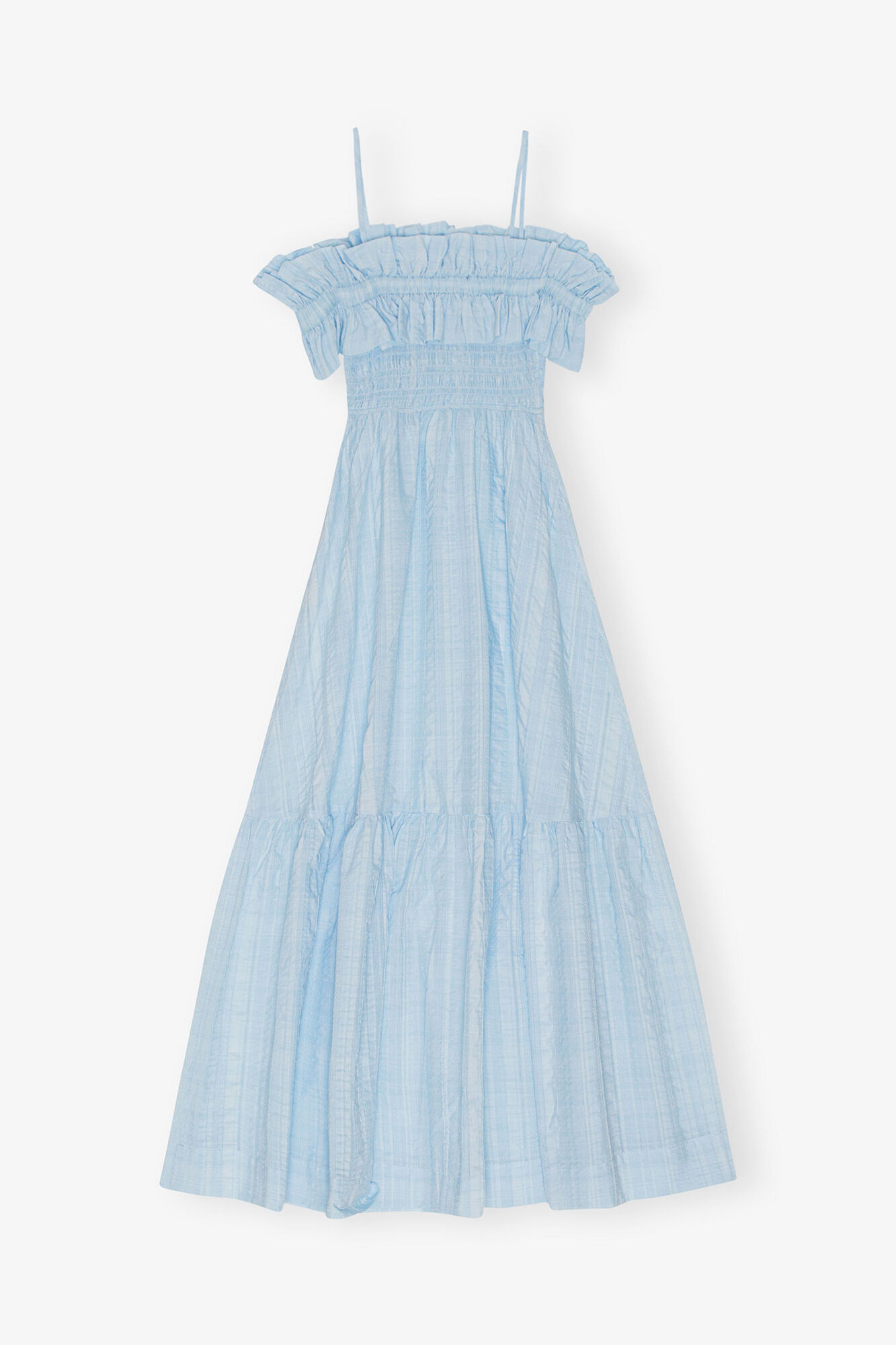 Seersucker Check Smock Maxi Dress, Organic Cotton, in colour Ice Water - 2 - GANNI