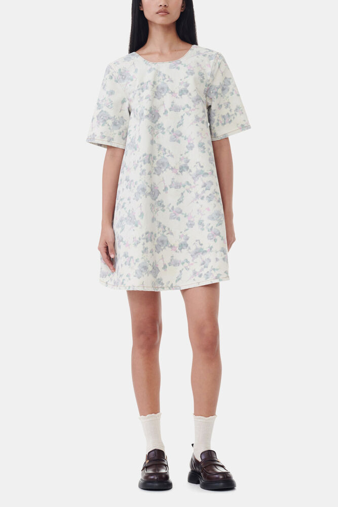 Floral Printed Denim Open Back Mini Dress, Tofu