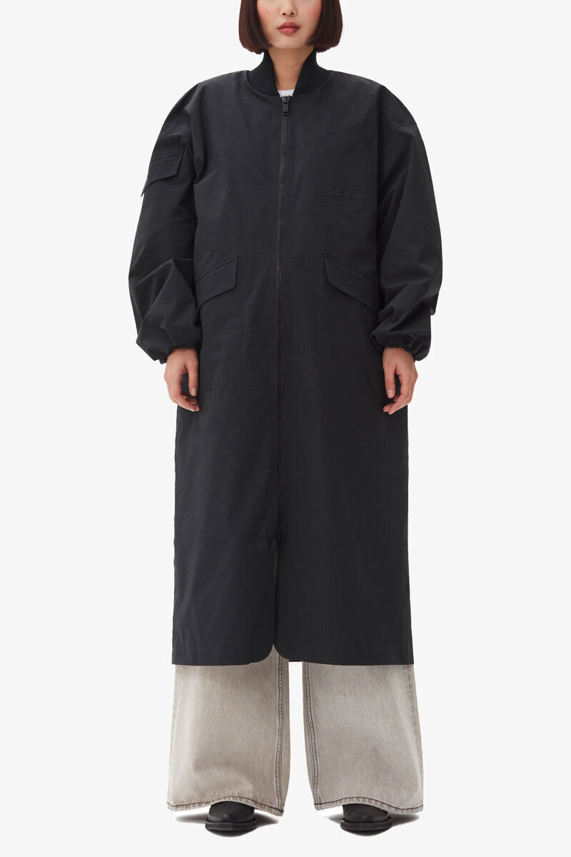 Svart, overdimensjonert teknisk skallk&aring;pe i kretong, Recycled Polyester, in colour Black - 1 - GANNI