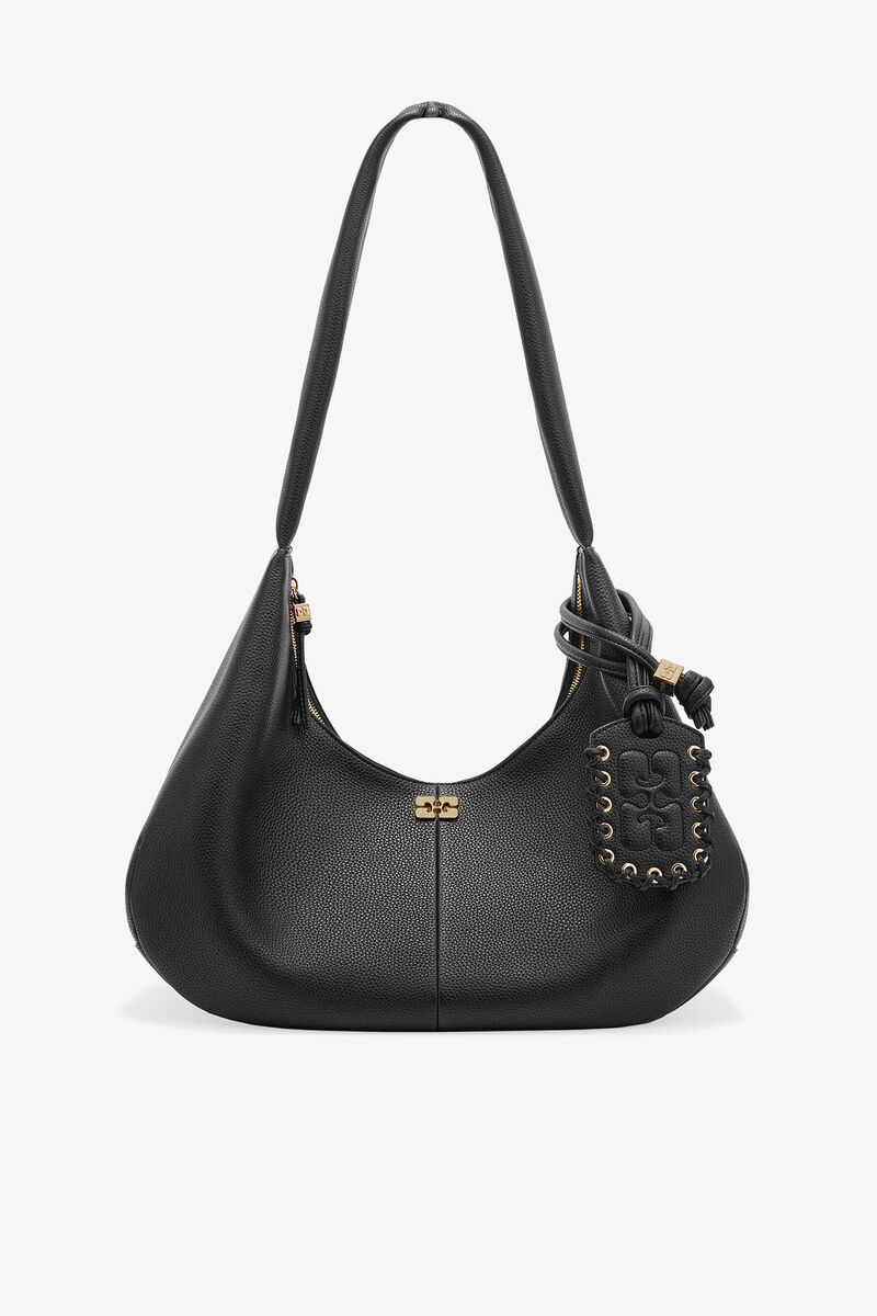 Black Grained Medium Hobo Bag, Recycled Polyester, in colour Black - 1 - GANNI