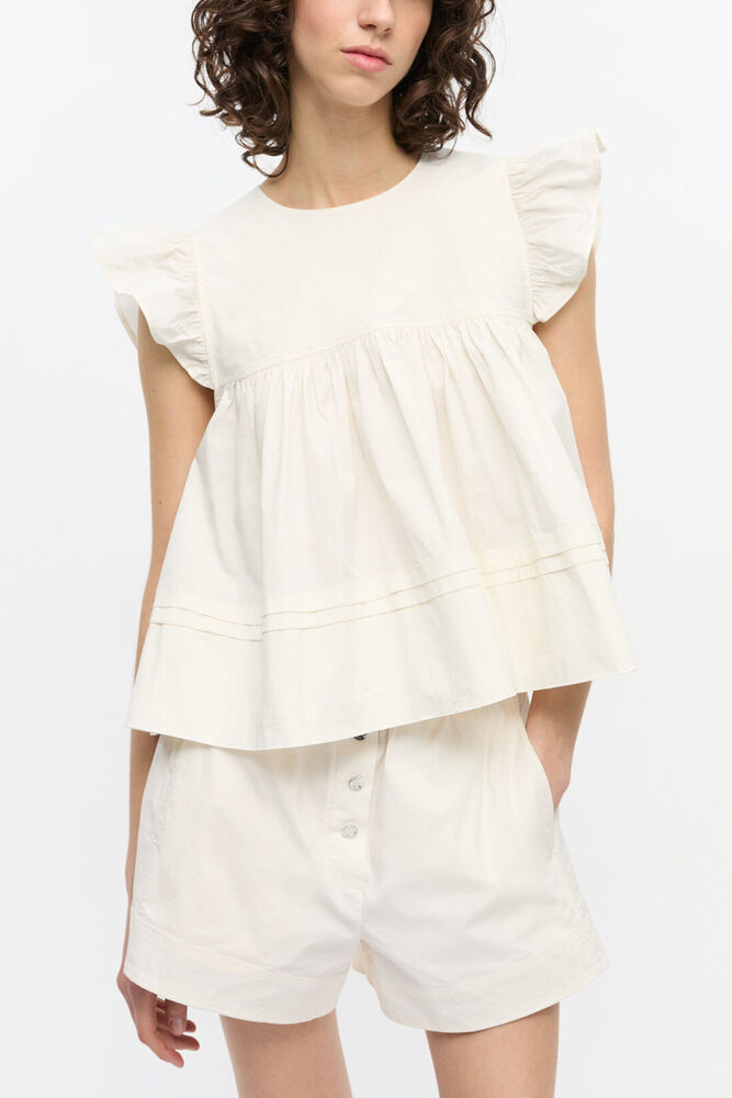 White Stretch Cotton Frill Sleeve Top, Egret