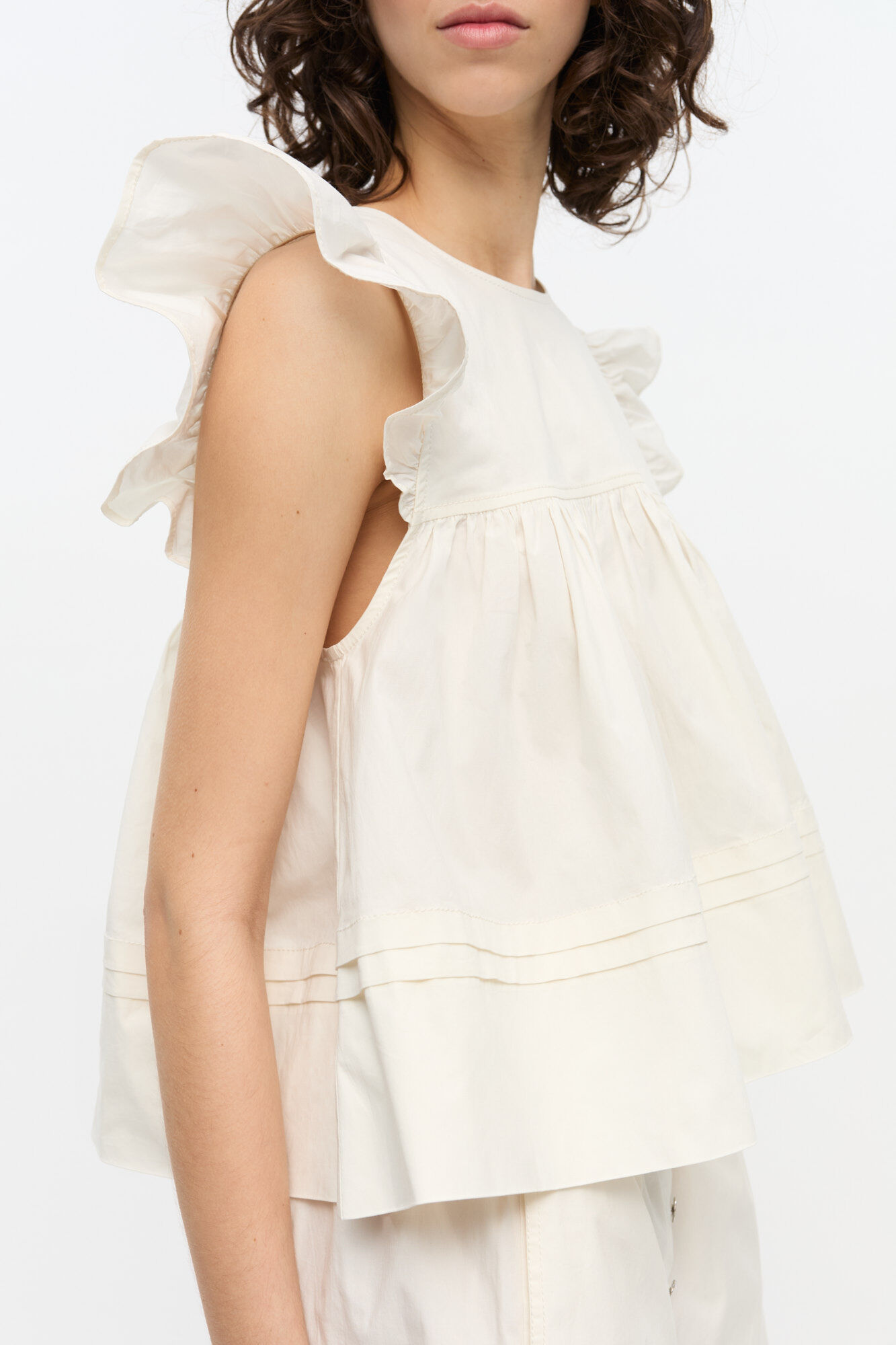 White Stretch Cotton Frill Sleeve Top, Organic Cotton, in colour Egret - 4 - GANNI