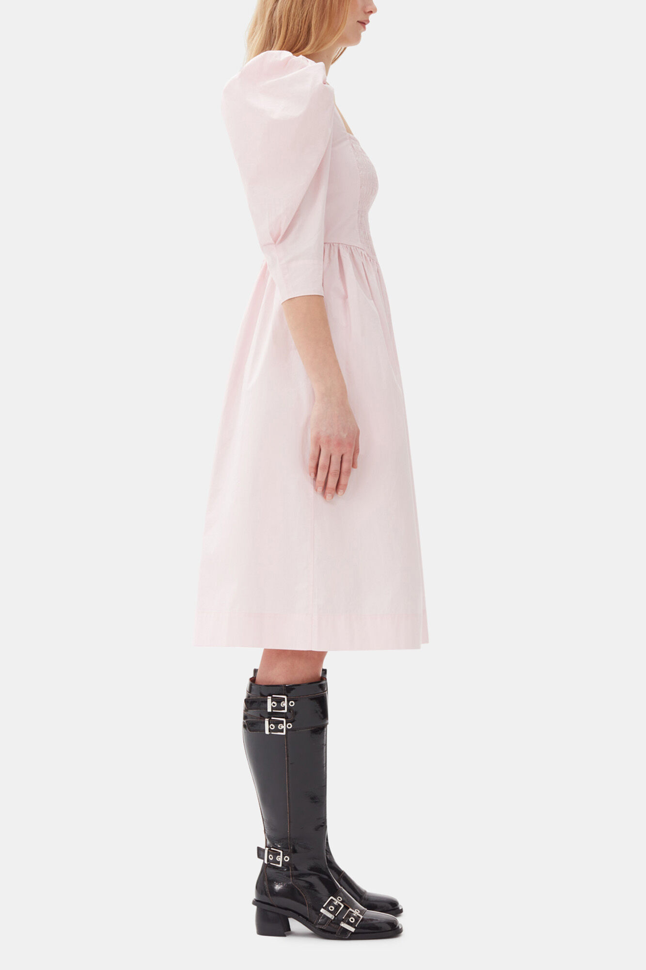 Pink Cotton Poplin Open Neck Smock Dress, Organic Cotton, in colour Chalk Pink - 3 - GANNI