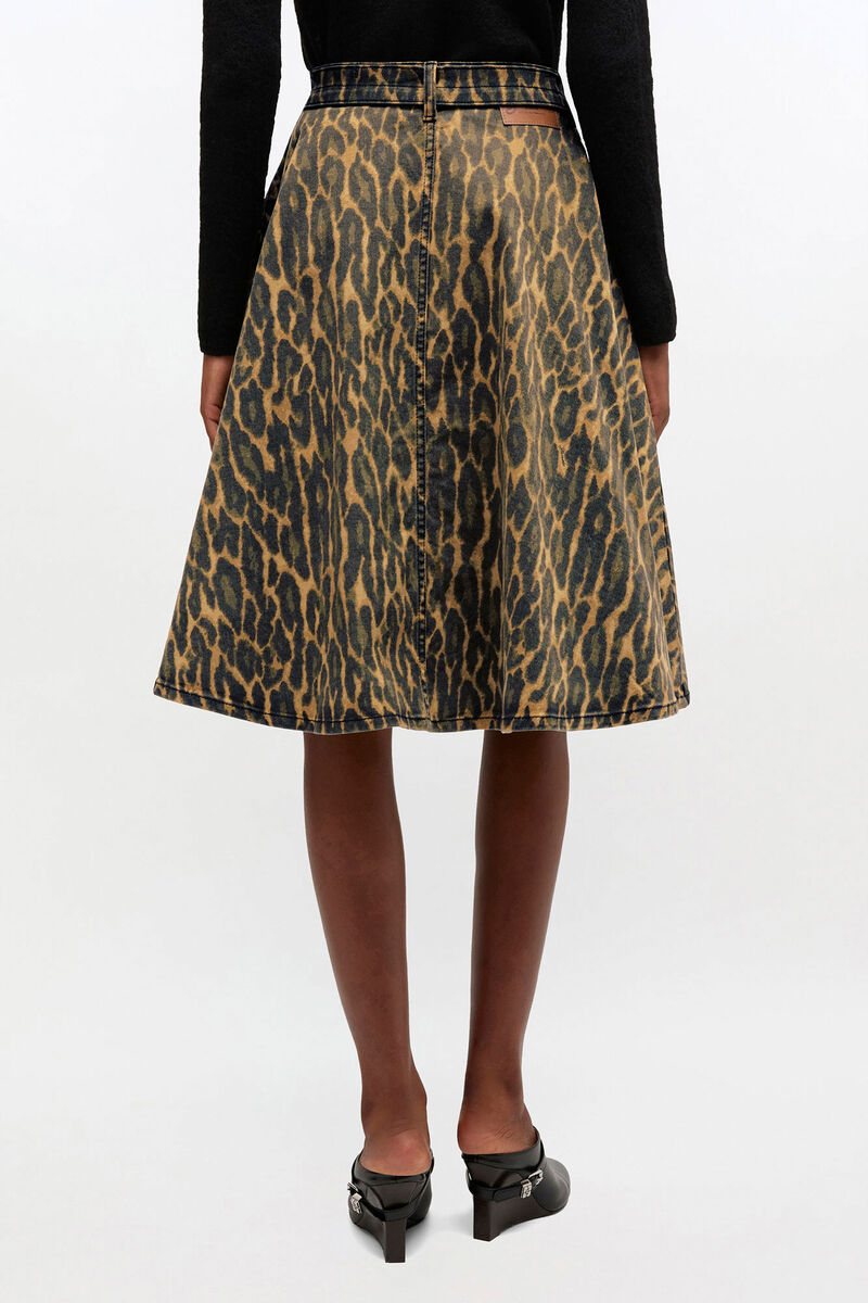 Leopard Denim Wrap Skirt, Organic Cotton, in colour Khaki - 4 - GANNI