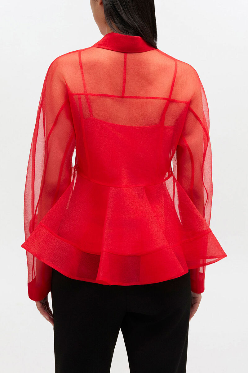 Rotes Organza-Peplum-Hemd, Recycled Polyester, in colour Mars Red - 3 - GANNI